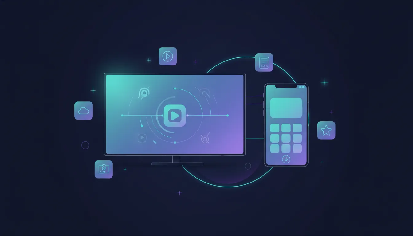 Illustration of a smart TV and smartphone connected by a network link, with abstract download and streaming symbols and app tiles suggesting stable high-quality downloader options