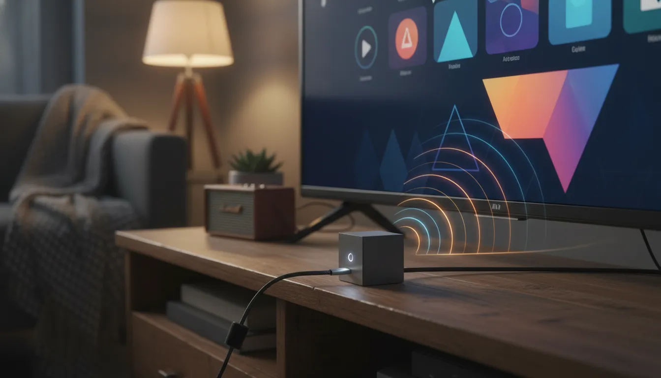 A small secondhand Android TV-style streaming box connected to a TV in a cozy living room, illustrating stable, reliable performance without any text.