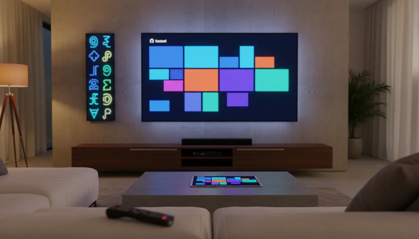 Cinematic living room scene with a smart TV and remote alongside a smartphone, showing generic text-free streaming tiles to represent a versatile entertainment app for Google TV and TV boxes.