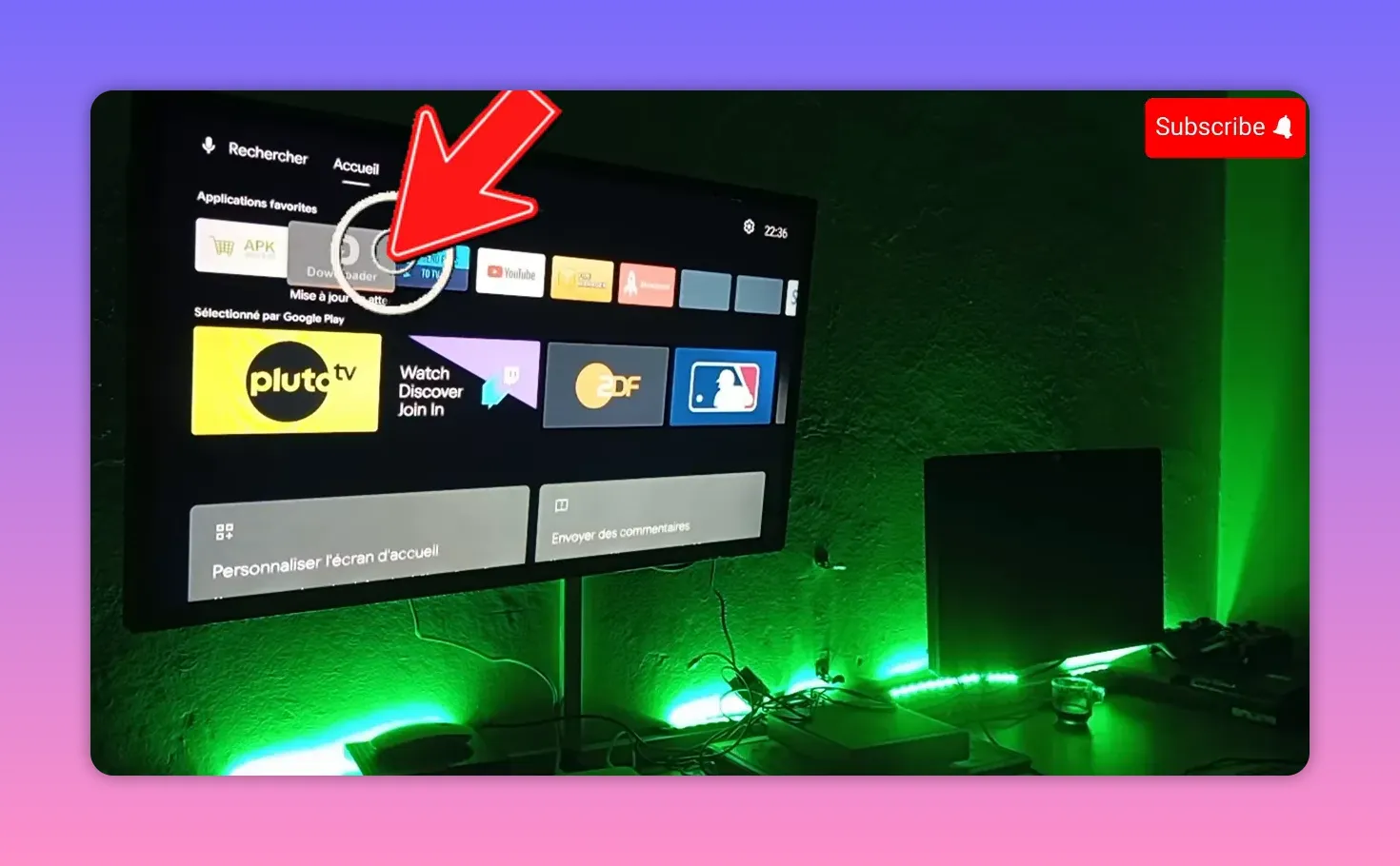 Highlighted TV screen area pointing to the Downloader installer icon