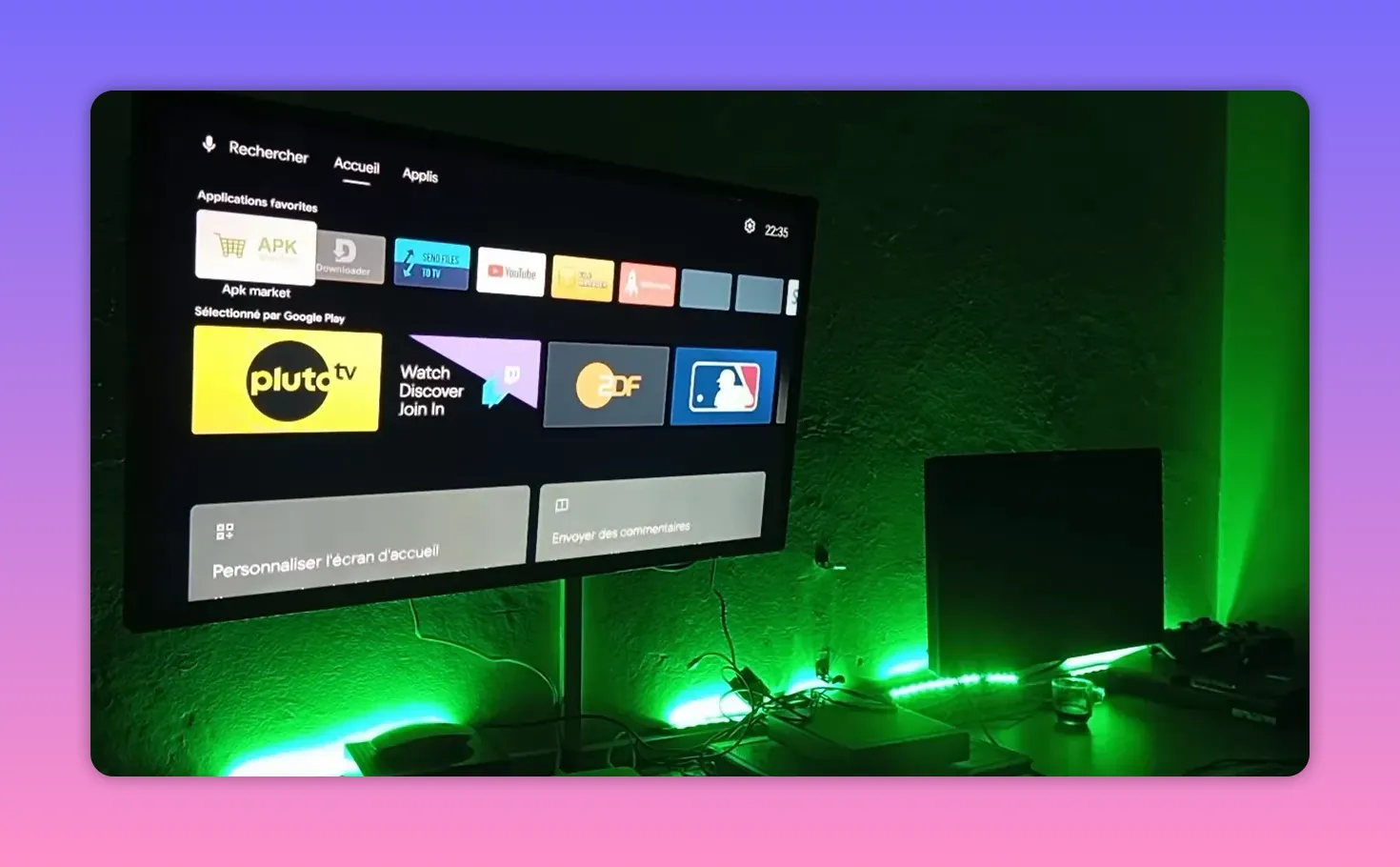 TV launcher tiles showing “APK market” and other apps