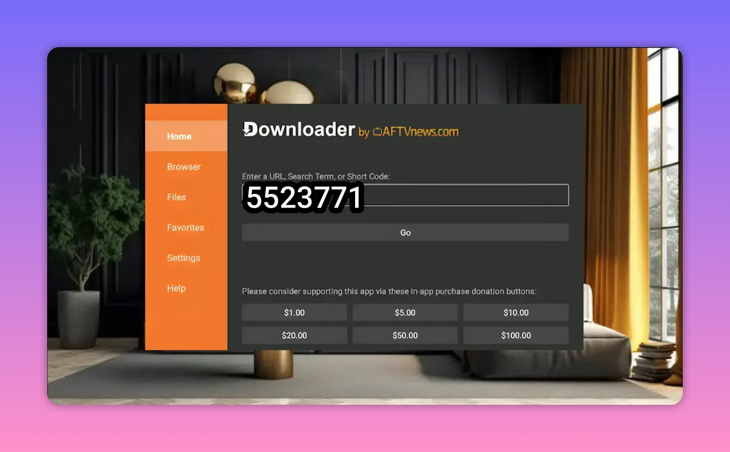 Downloader app showing the short code 5232371 entered and ready to download
