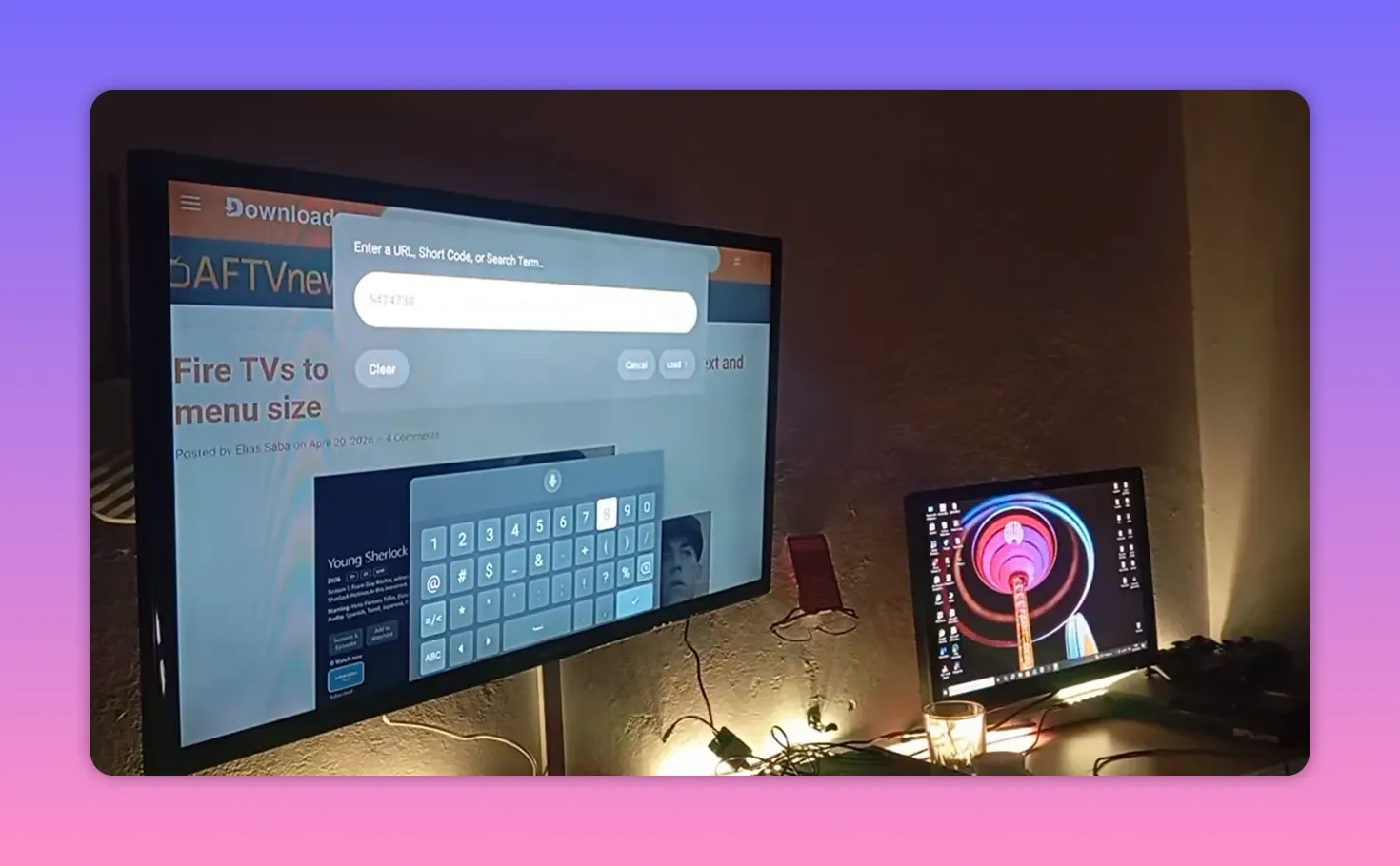 Downloader URL/short code entry field on TV with ABDO 26 code entered