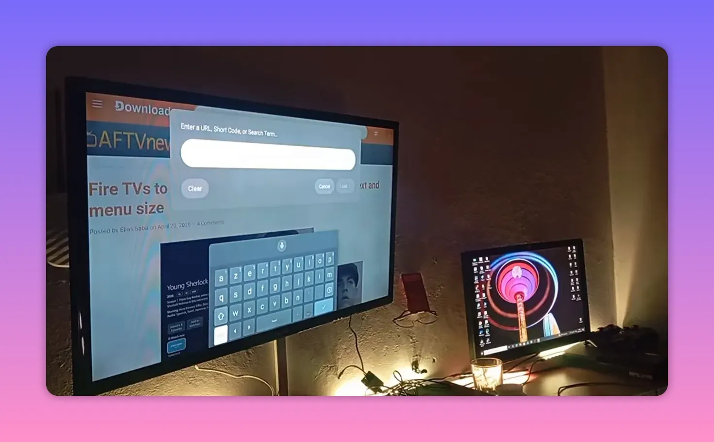 Downloader code entry input field on a TV screen ready for ABDO 26 code