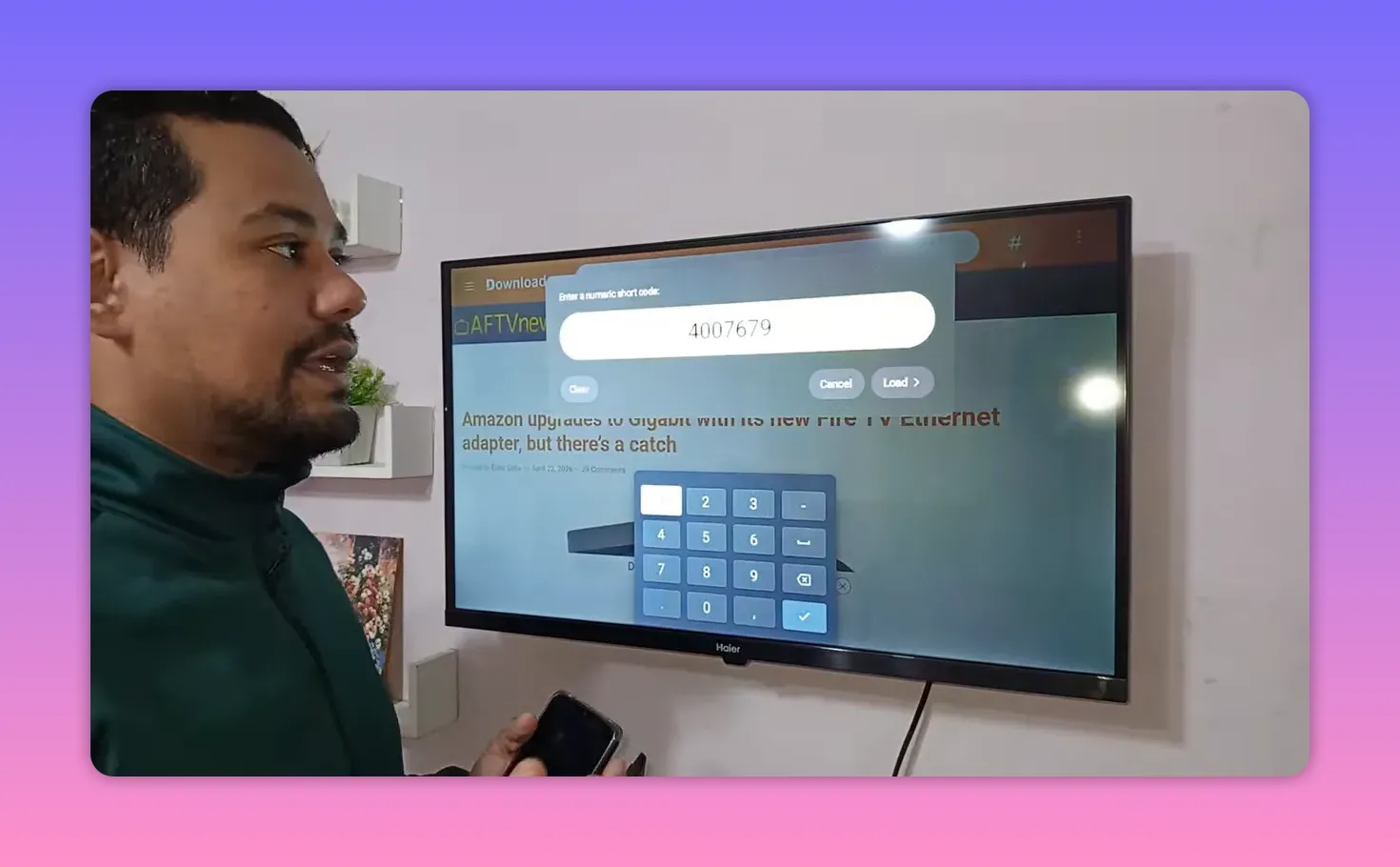 Downloader code field with numeric keypad on TV screen