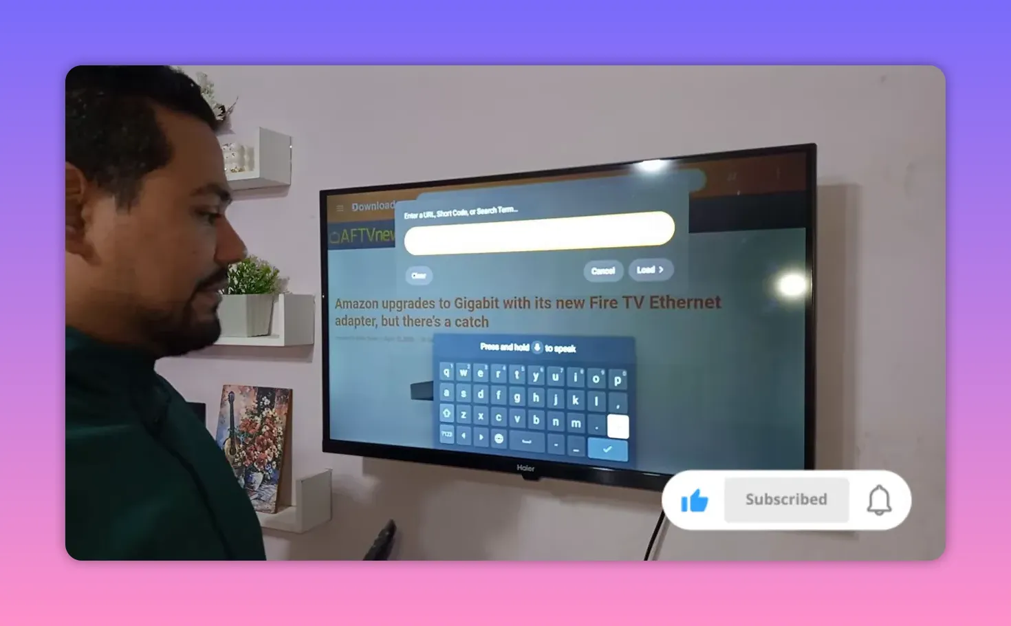 Side view of Android TV showing Downloader code entry interface