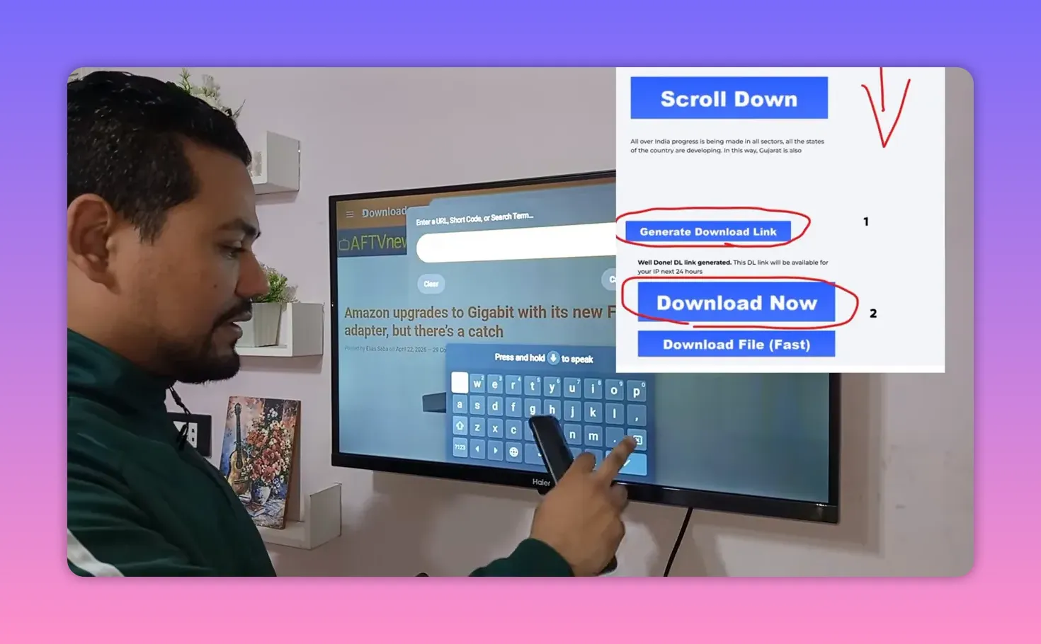 Highlighted download buttons on a Downloader page showing Generate Download Link and Download Now