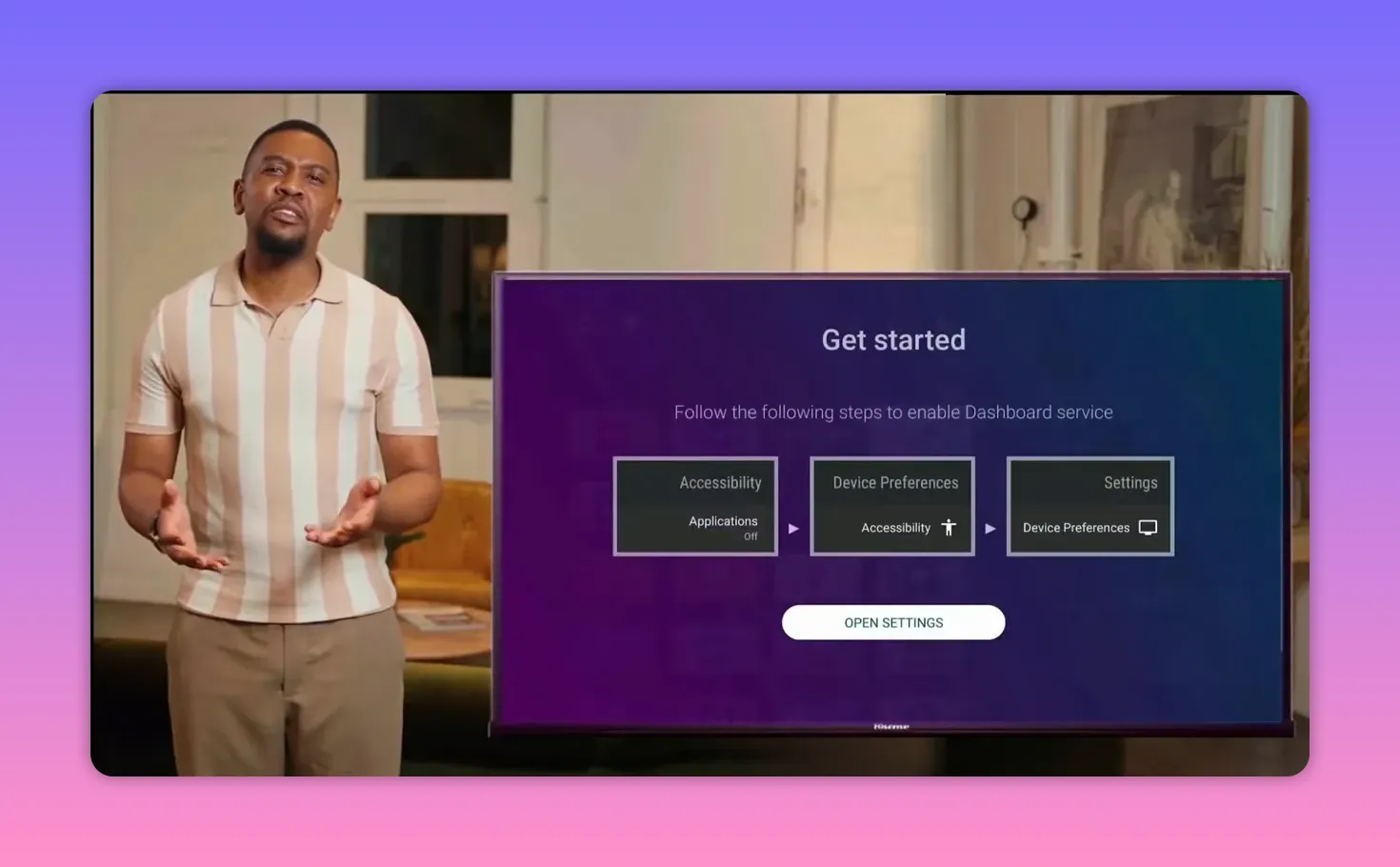 Dashboard enable accessibility steps: Accessibility, Device Preferences, then Settings