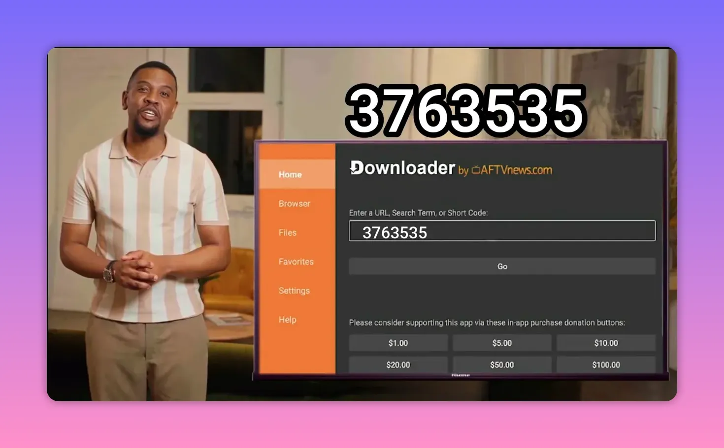 Downloader app with activation code 3763535 entered and ready to install