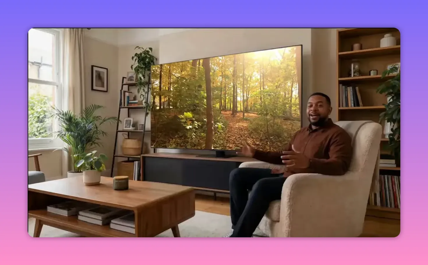 Person watching streaming video on living room TV with Android TV