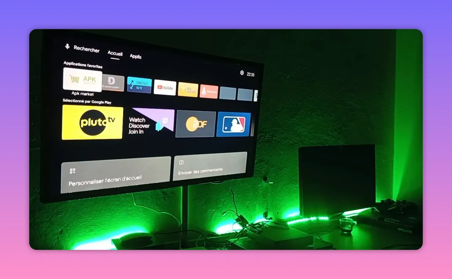 TV home screen showing app shortcuts and streaming-related tiles