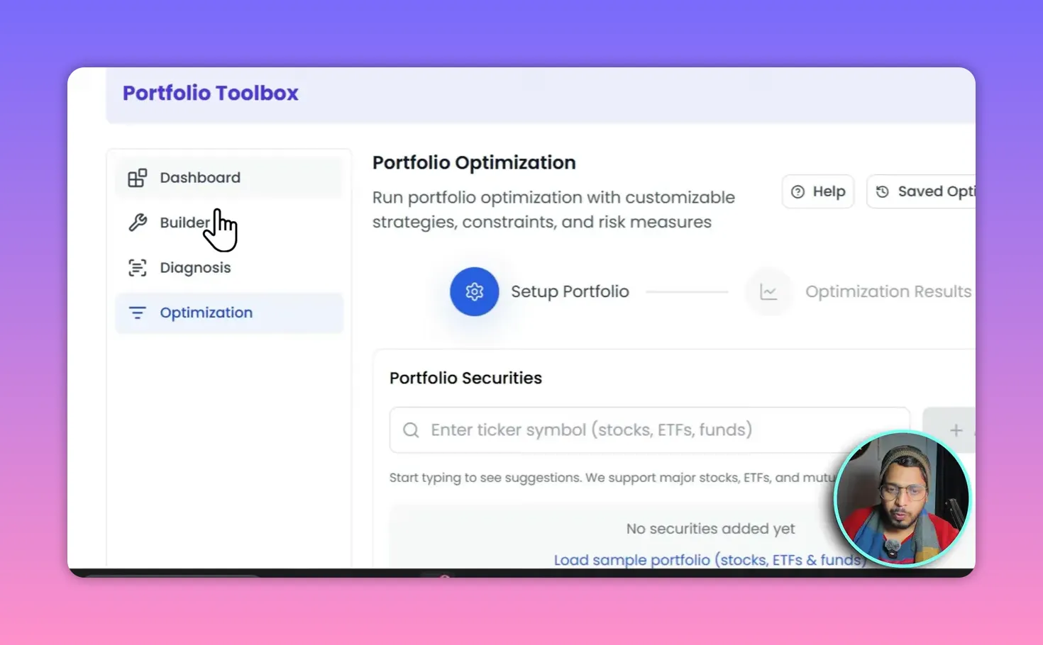 Kavout Portfolio Optimization page with 'Portfolio Optimization' header and 'Portfolio Securities' ticker input field to enter holdings.