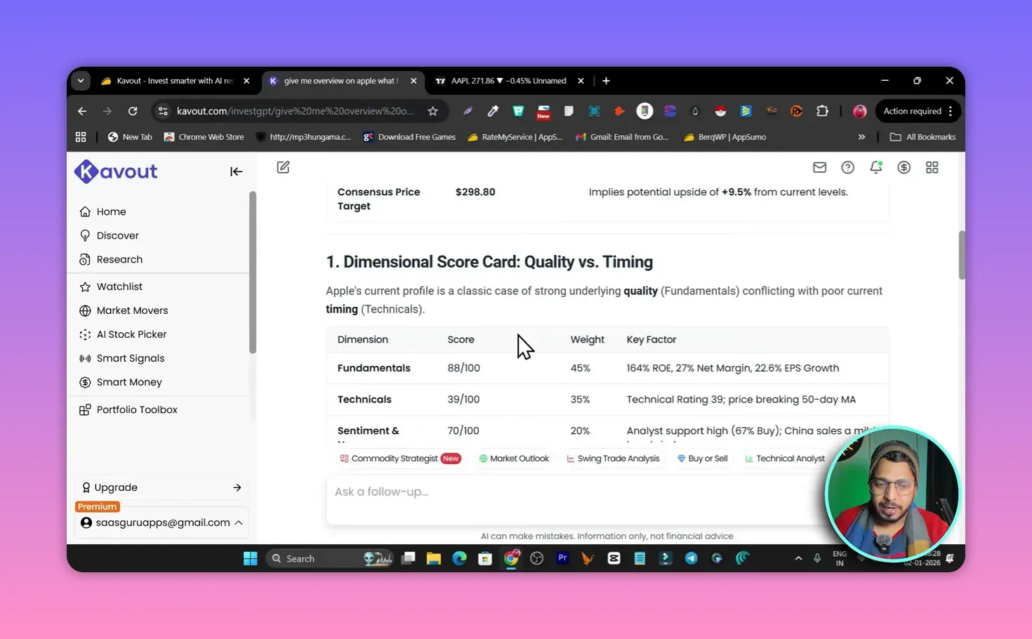 Kavout Dimensional Score Card titled 'Quality vs. Timing' listing dimensions and scores (Fundamentals 88/100, Technicals 39/100, Sentiment 70/100) with weights and key factors.