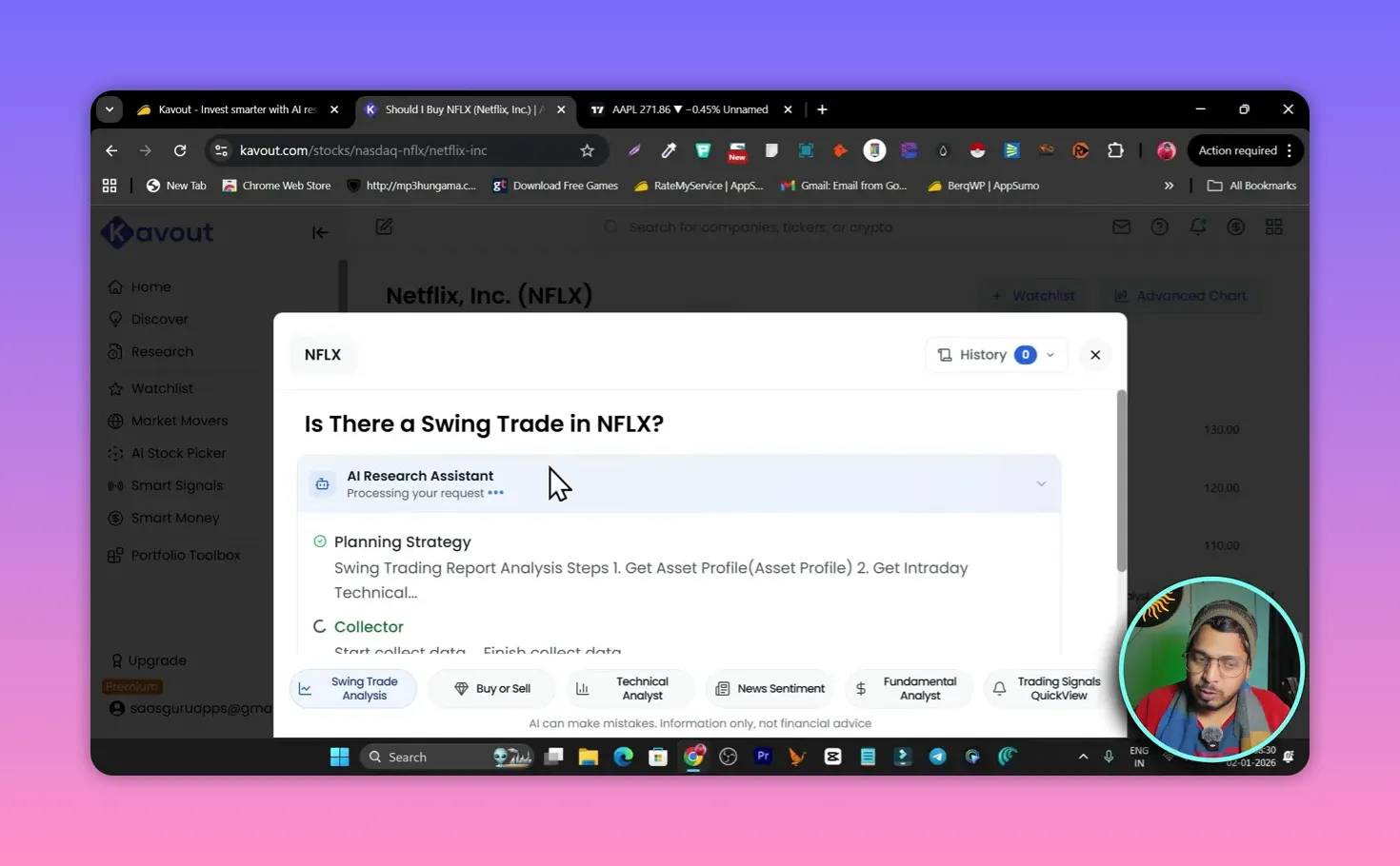 Kavout AI Research Assistant swing-trade analysis showing planning strategy and trade buttons