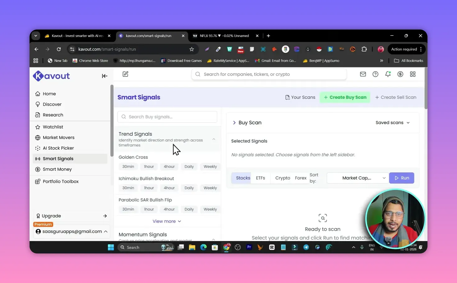 Kavout Smart Signals interface showing trend signals list on the left and the Buy Scan panel on the right