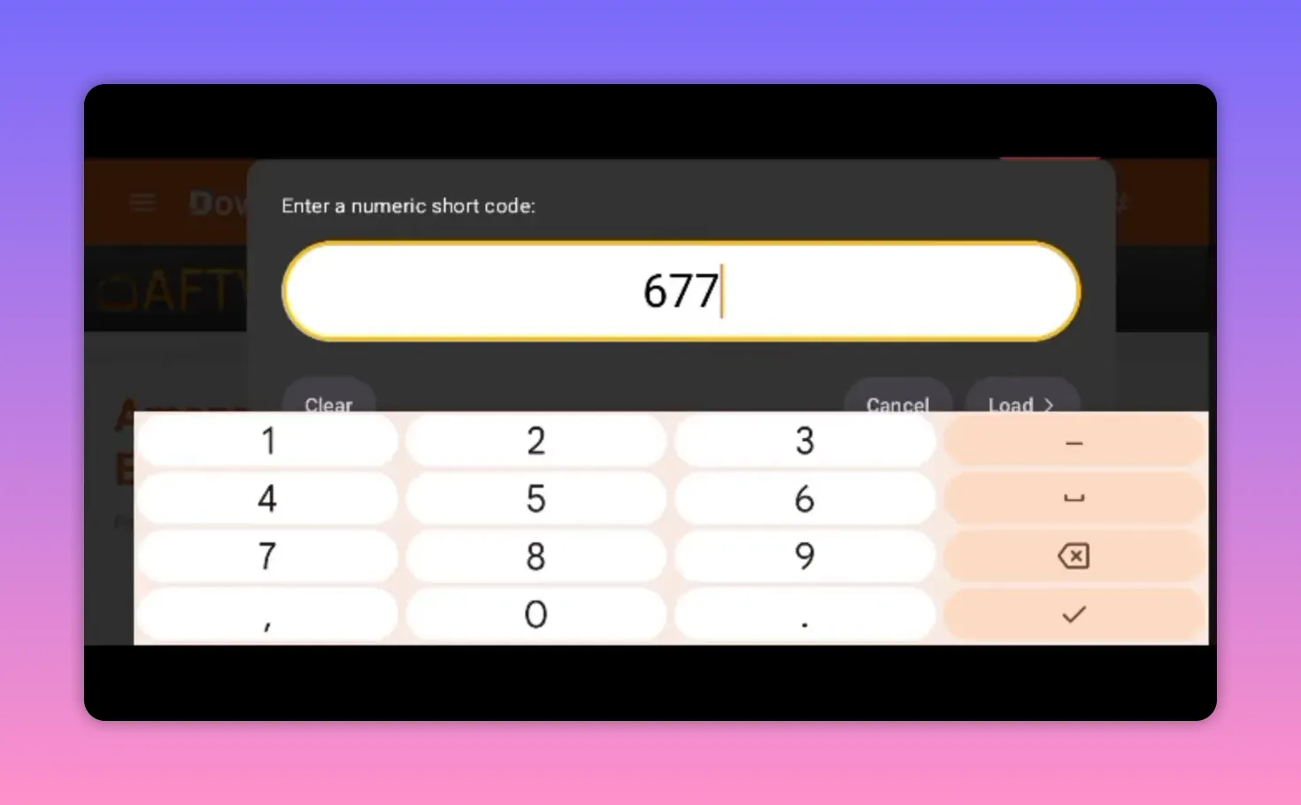 Downloader short code entry showing the main app code 67711