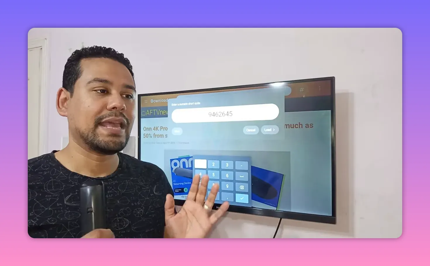 Downloader app code 9462645 entered on a smart TV screen