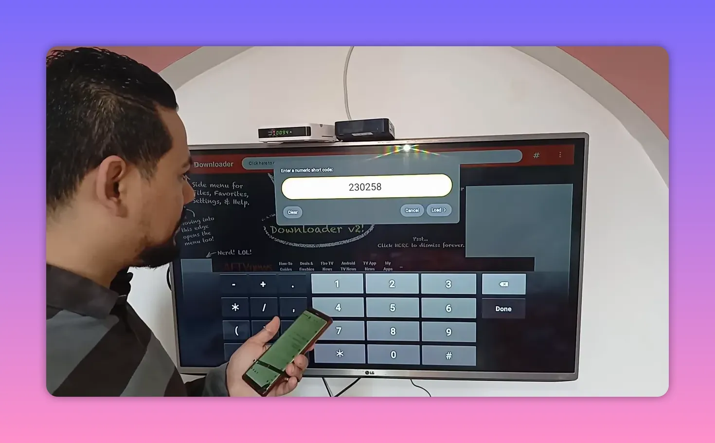 Downloader code entry on smart TV showing code 2302589 for Faisal