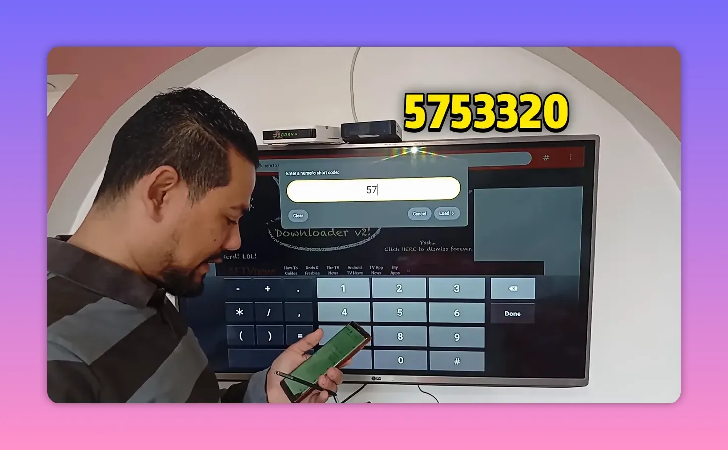 TV showing Downloader code entry with large on-screen code graphic and keypad