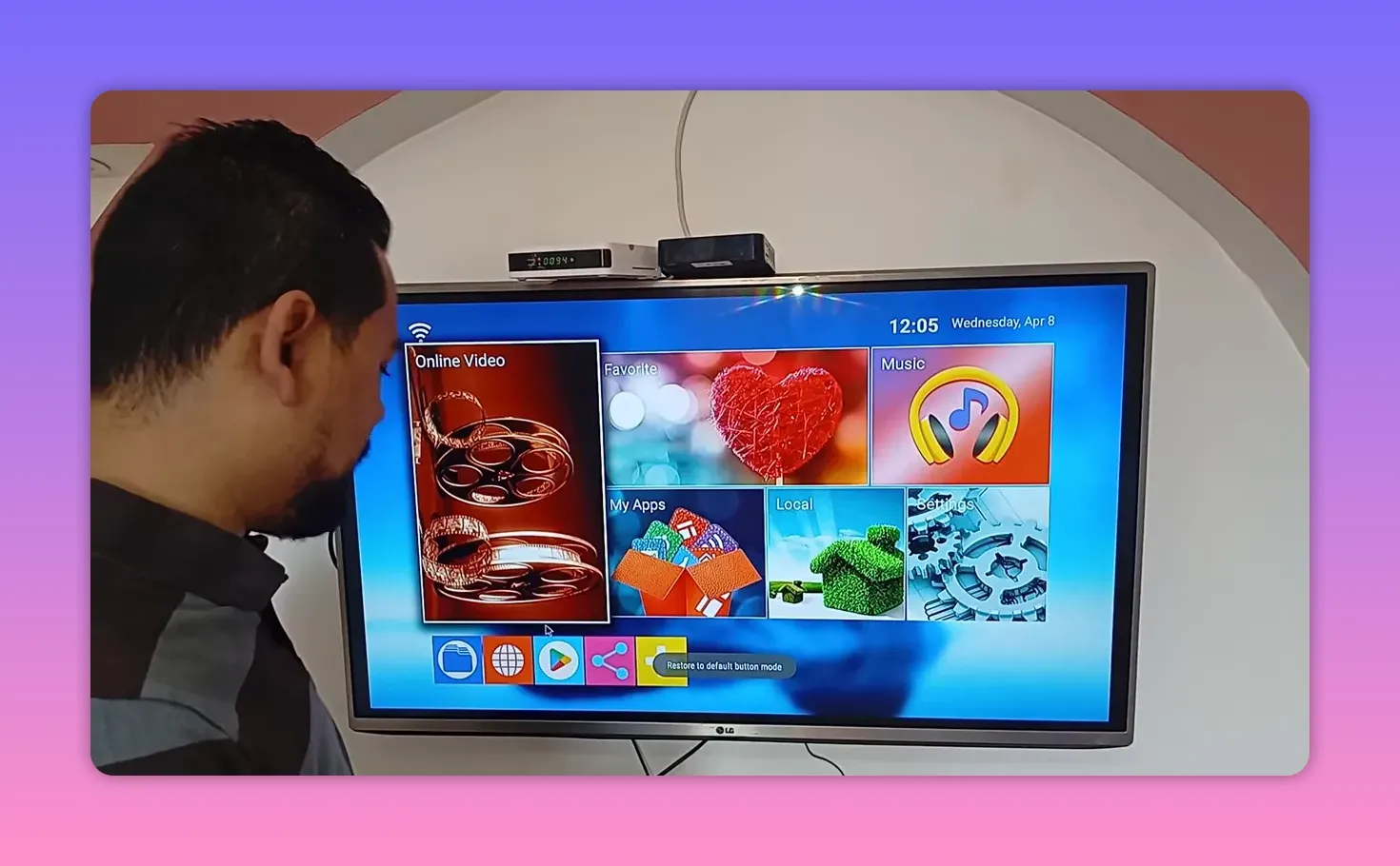 Smart TV screen with launcher interface ready to open Downloader for entering codes