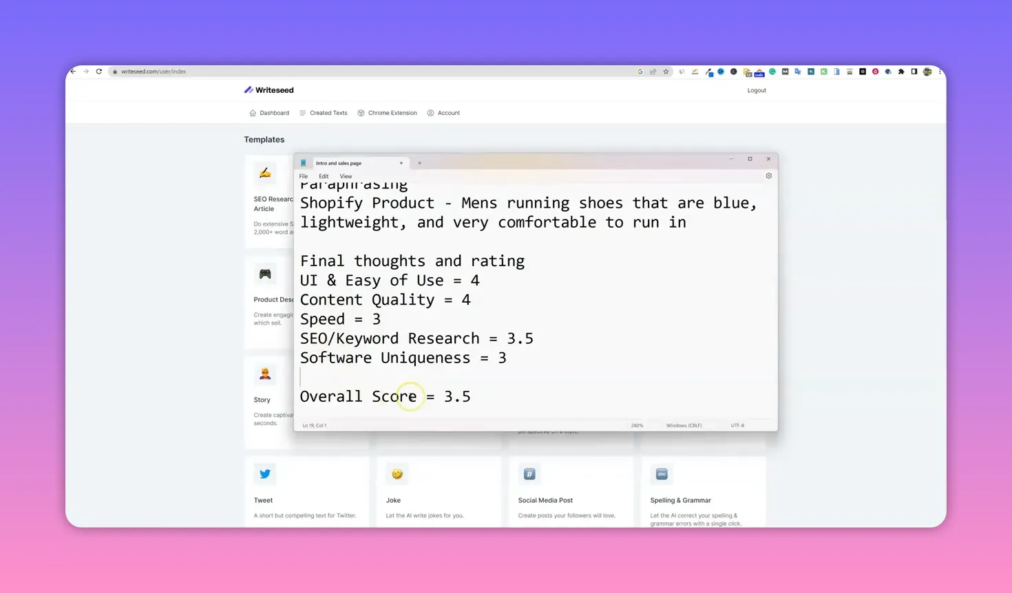 Notepad overlay showing review metrics with 'Overall Score = 3.5' over the Writeseed templates background