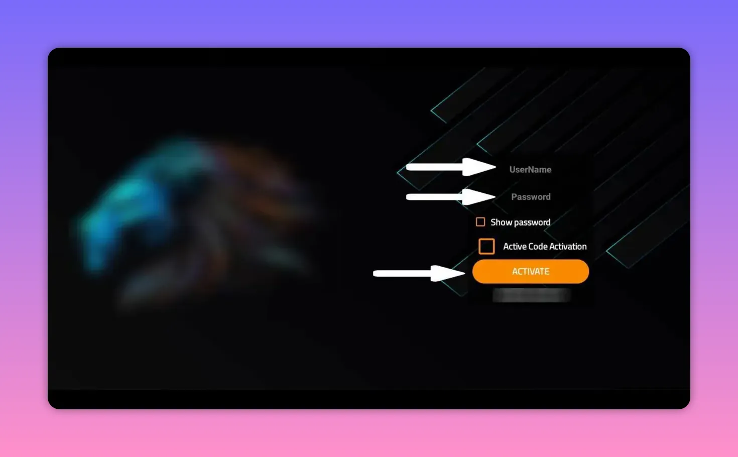Activation screen showing Username and Password fields plus Active Code Activation checkbox and ACTIVATE button