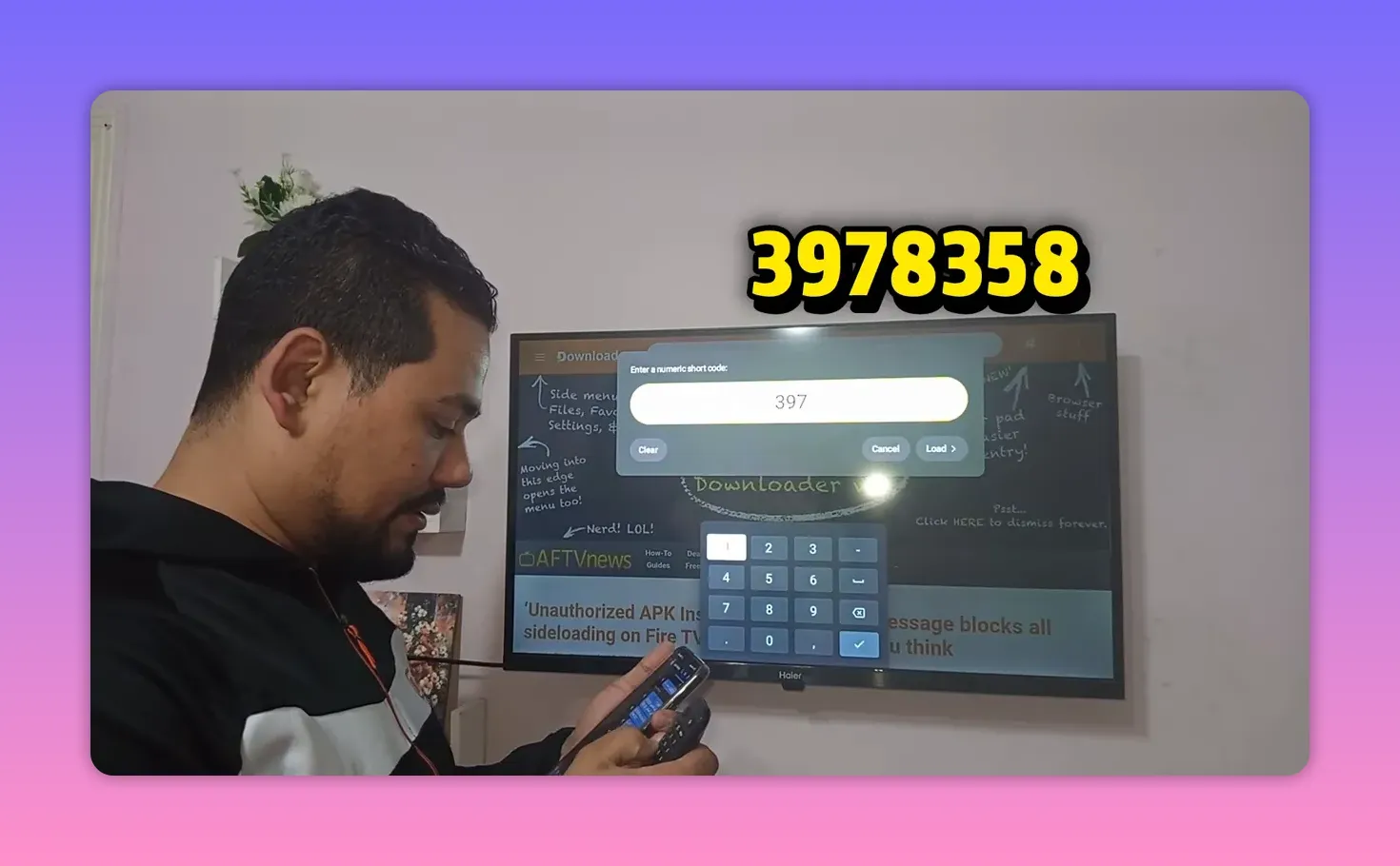 Cast X Plus Downloader code entered on the TV Downloader screen with numeric keypad