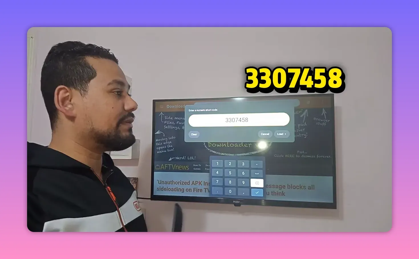 Downloader numeric code entry for player code 3307458 on TV screen
