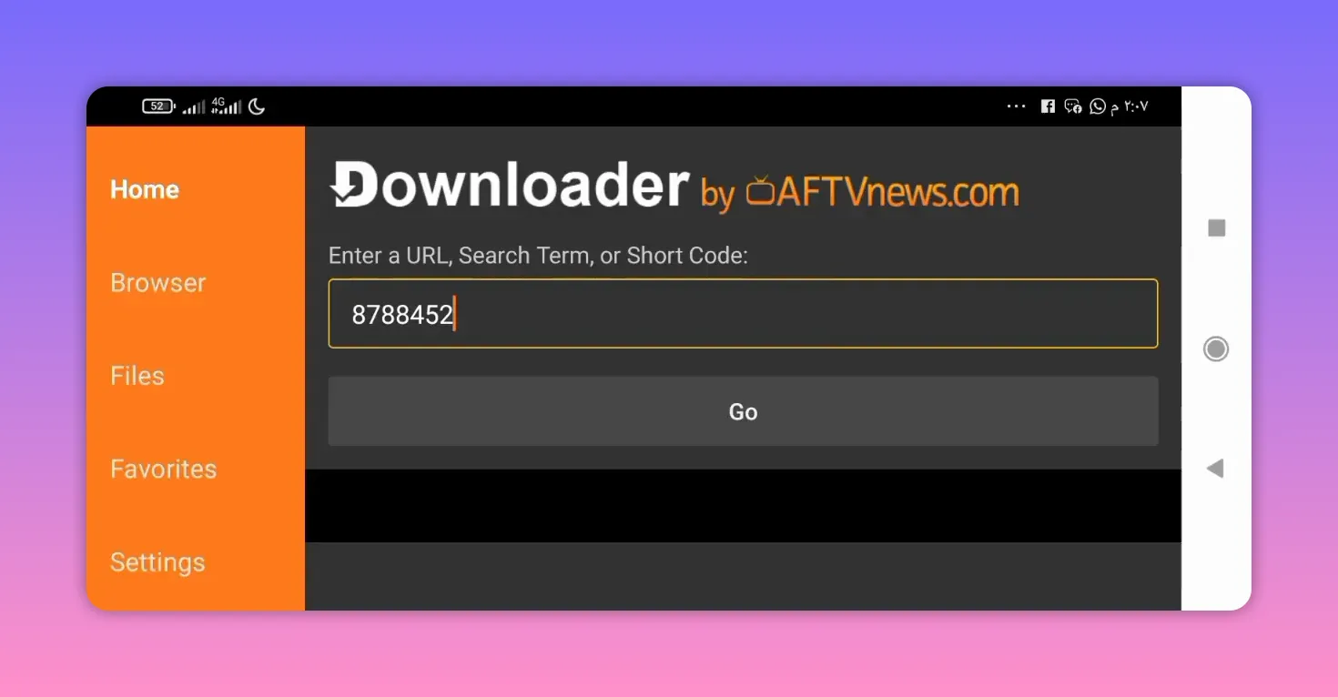 Downloader app with Foxtv code 8788452 entered in the short code field