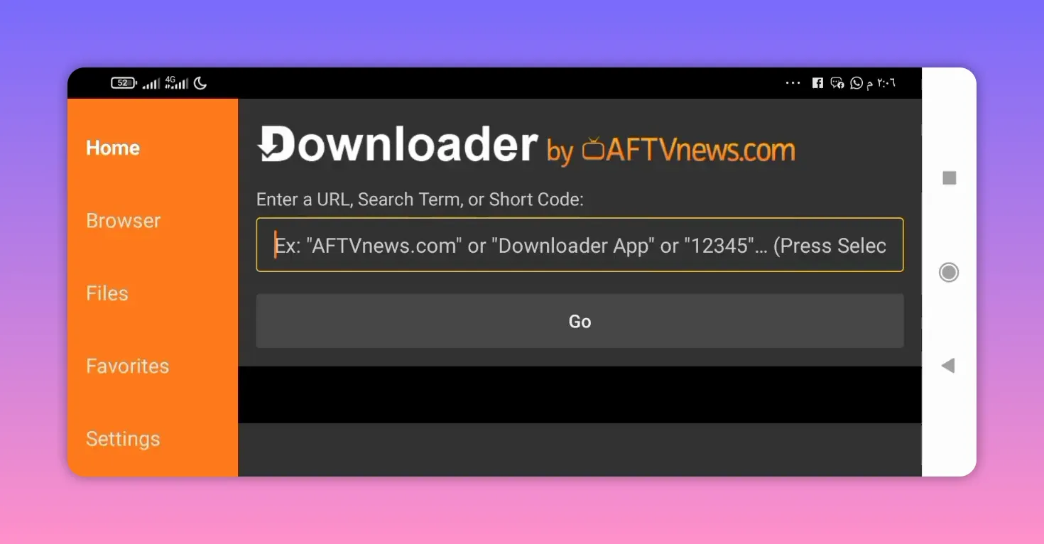 Downloader app on Android TV showing a URL/short-code input field and the Go button
