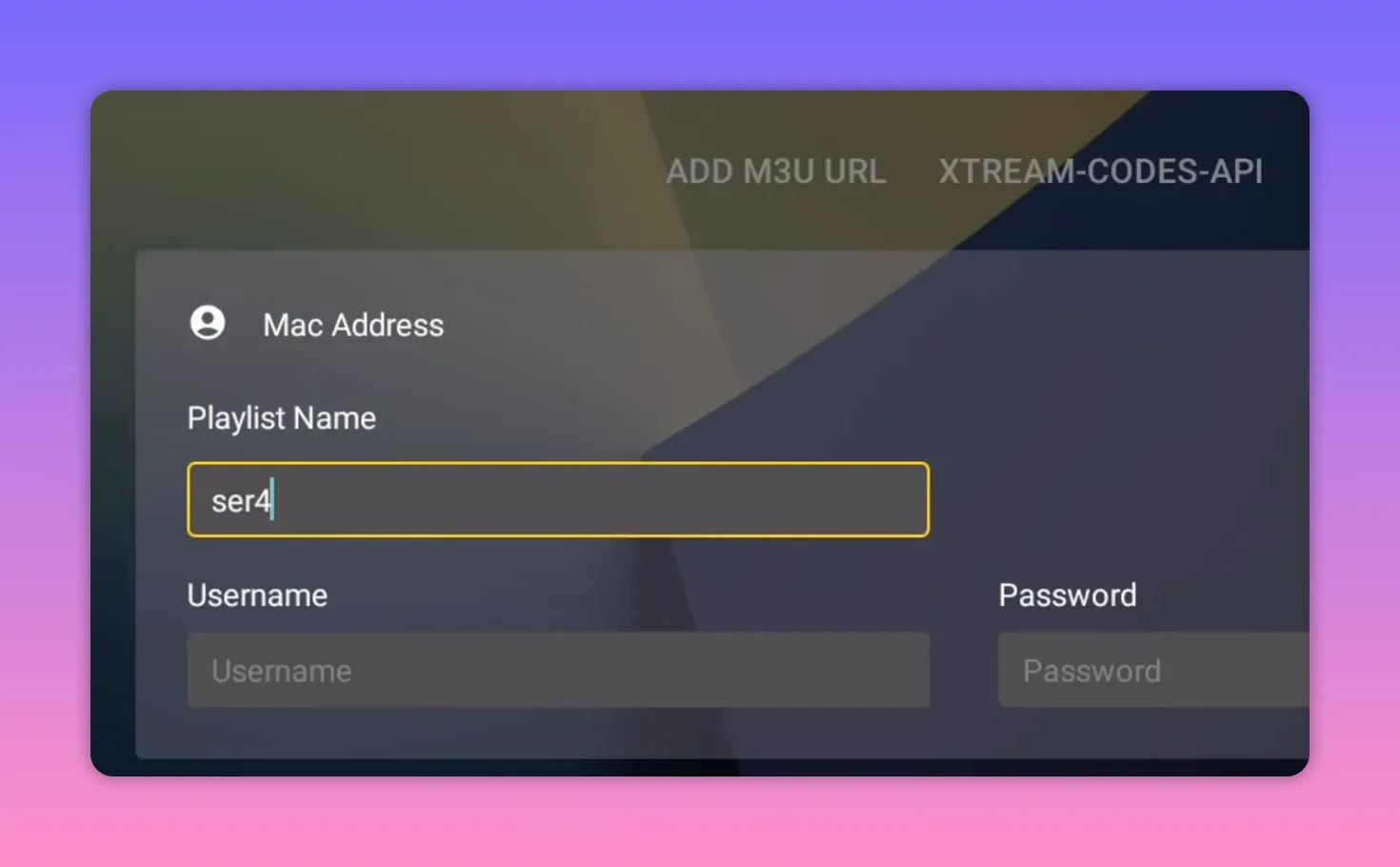 Server 4 setup form showing playlist name ser4 with Username and Password fields in an IPTV Android TV app