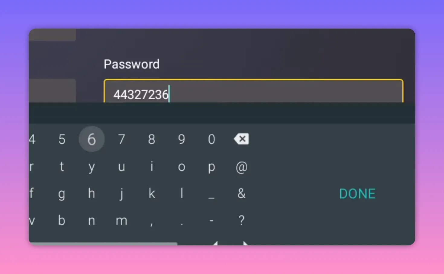 Android TV IPTV app setup showing the Password field with digits entered