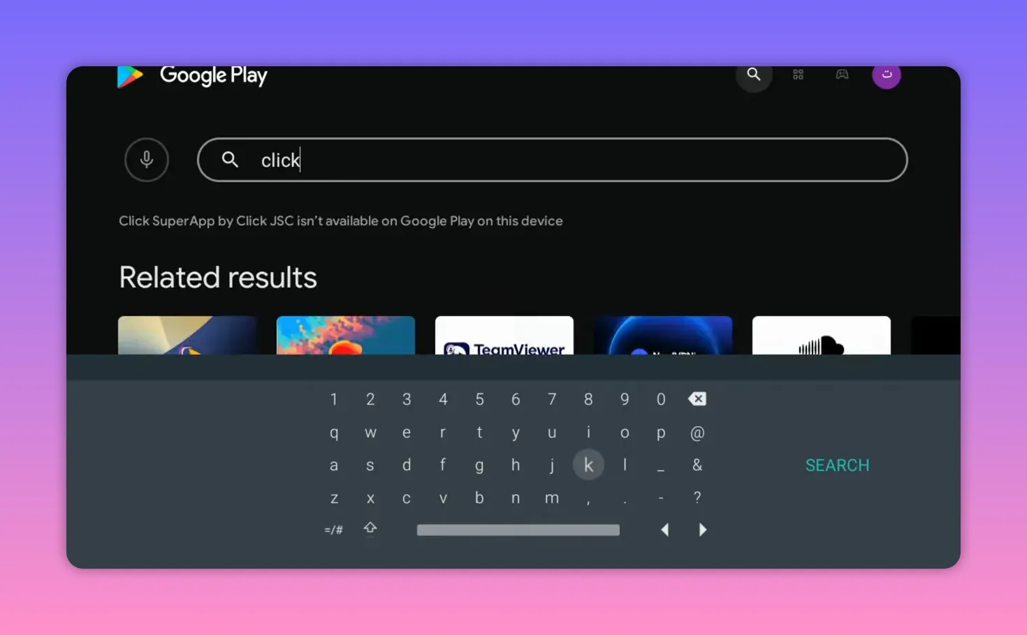 Google Play Store search showing the query “click” and related results