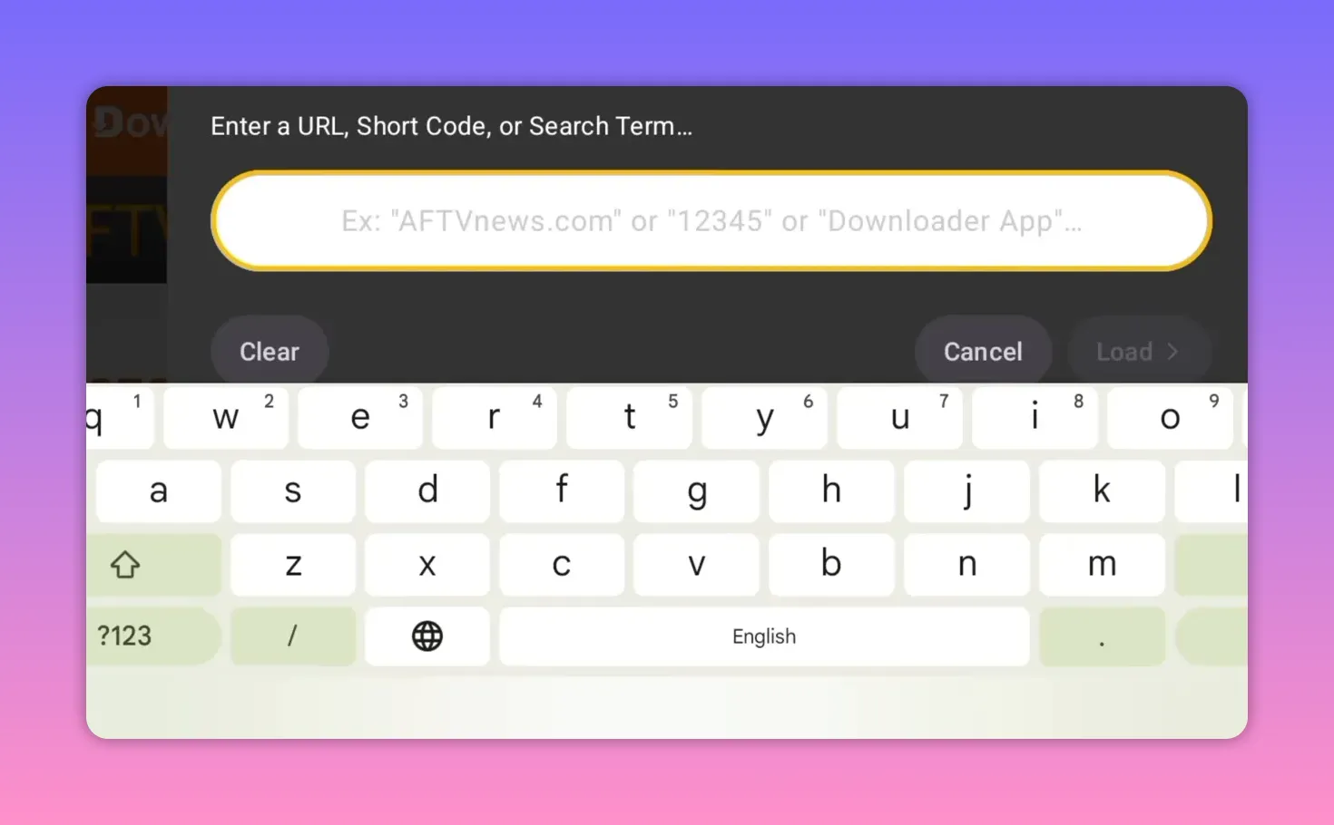 Downloader app input field for entering a URL or short code on Android TV