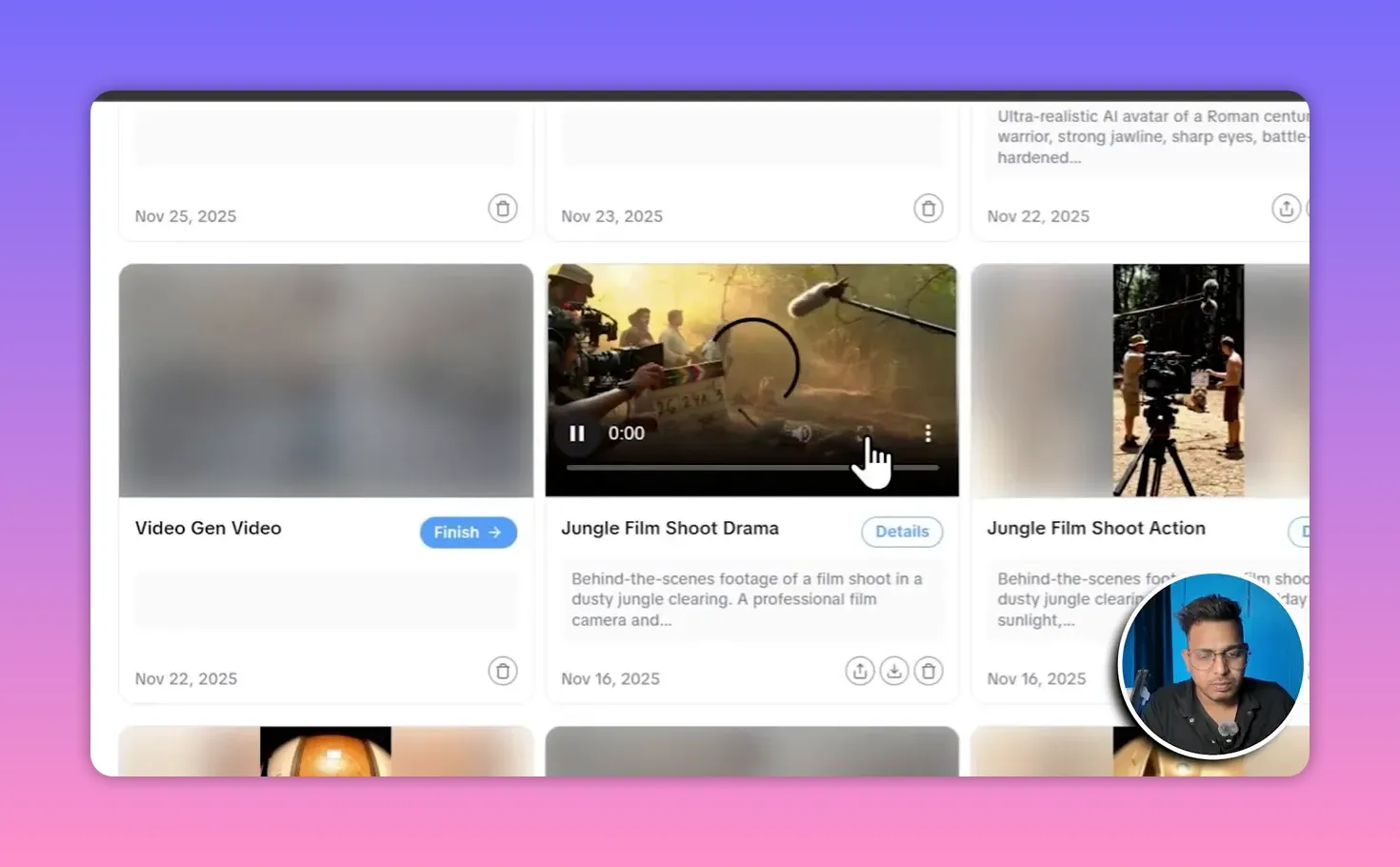 Close-up of Yapper generation cards showing 'Video Gen Video' and 'Jungle Film Shoot Drama' with visible playback controls and clip metadata