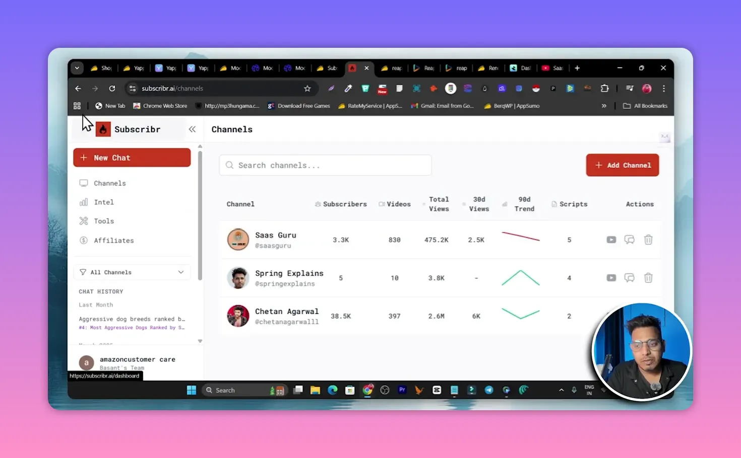 Clear screenshot of Subscribr's Channels dashboard: search box, channel rows with subscribers/videos/total views, left navigation with 'New Chat', and an 'Add Channel' button.