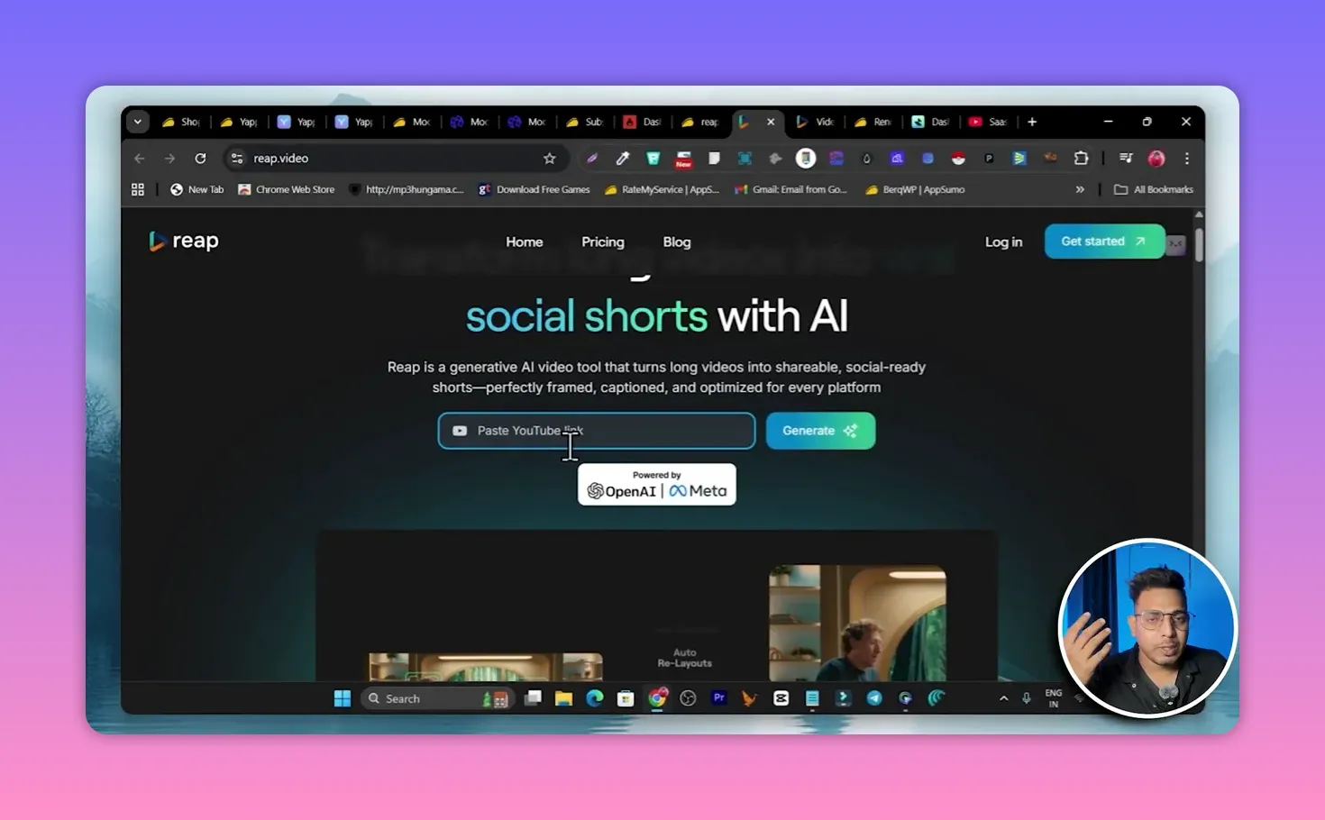 Browser screenshot of Reap homepage featuring a Paste YouTube link field and a prominent Generate button for creating shorts.