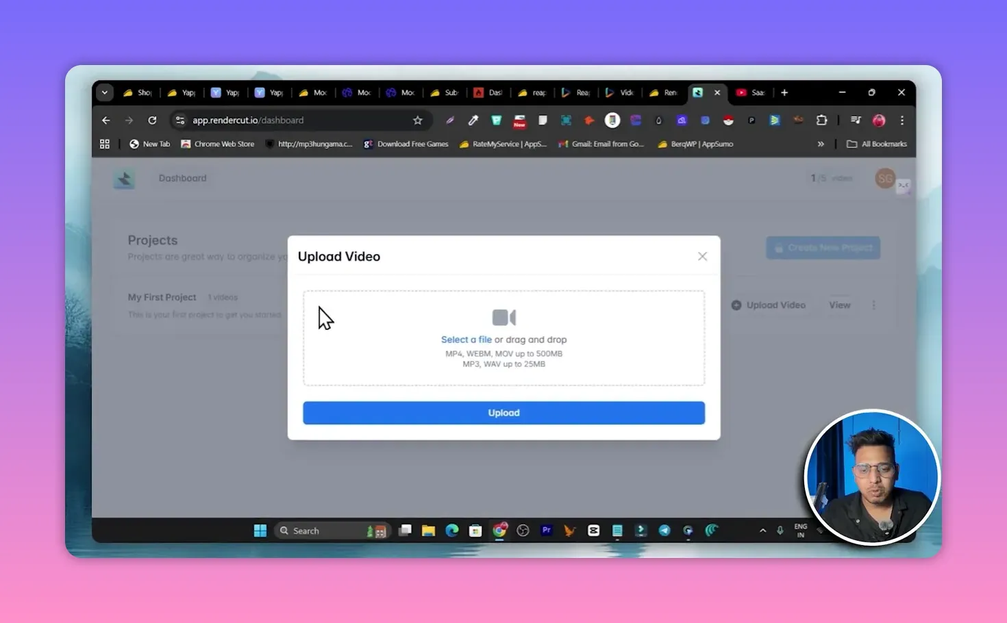 Rendercut 'Upload Video' modal dialog with a drag-and-drop area and a blue 'Upload' button.