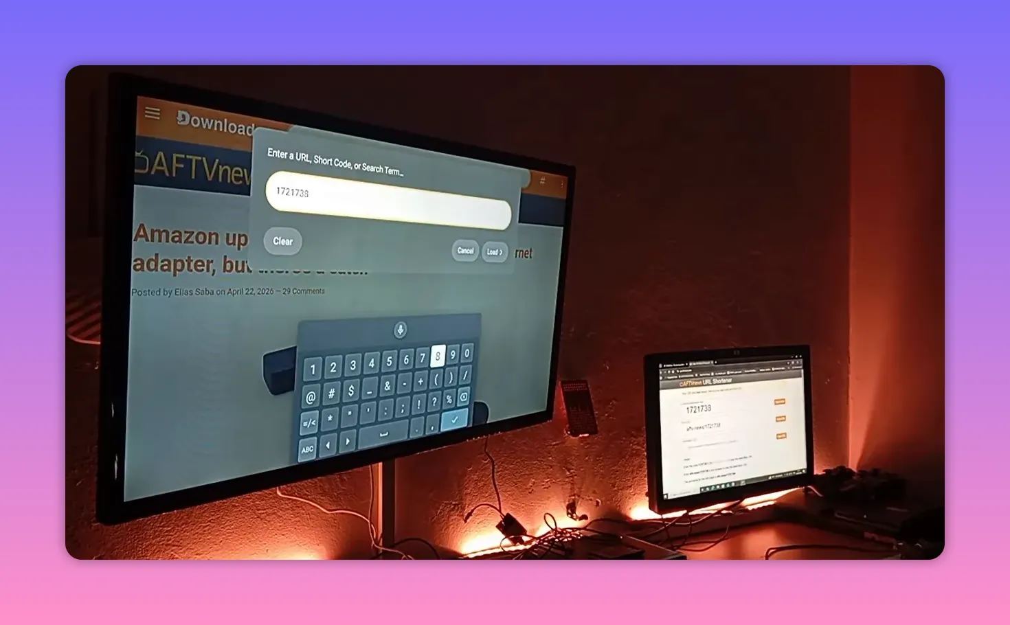 Android TV Downloader screen with the LION code 1721738 entered
