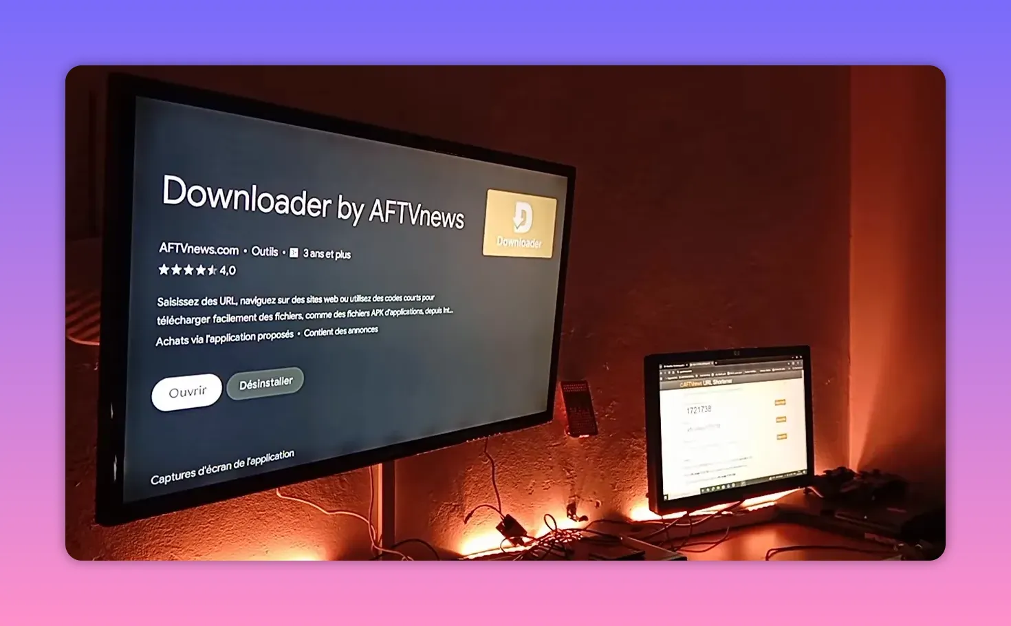 Downloader app information with Open and Uninstall buttons on Android TV