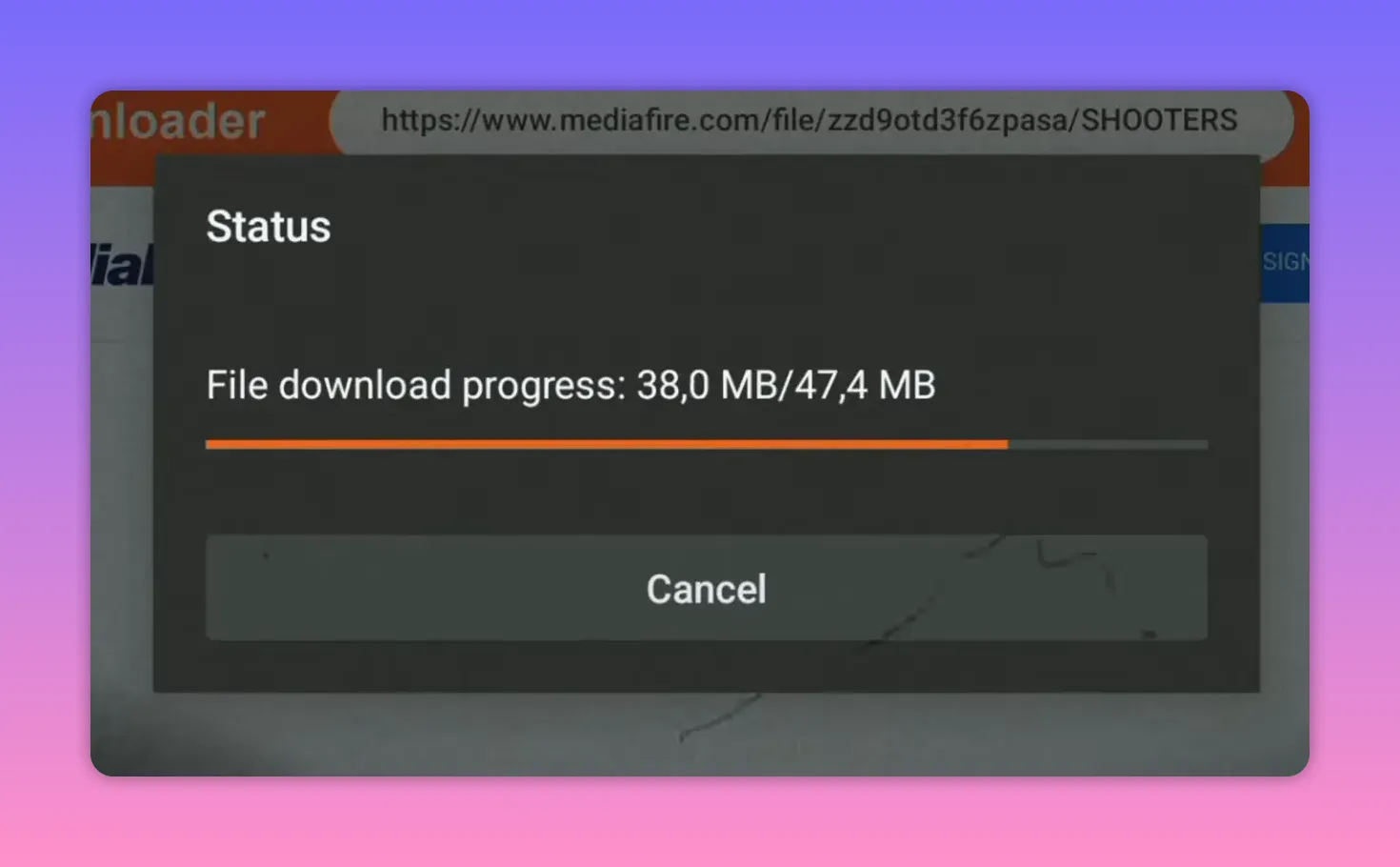 Downloader status screen showing file download progress 38.0 MB of 47.4 MB