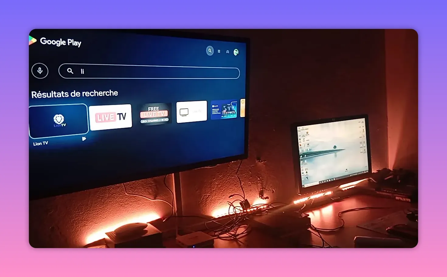 Google Play search results screen on an Android TV-style box for installing Lione