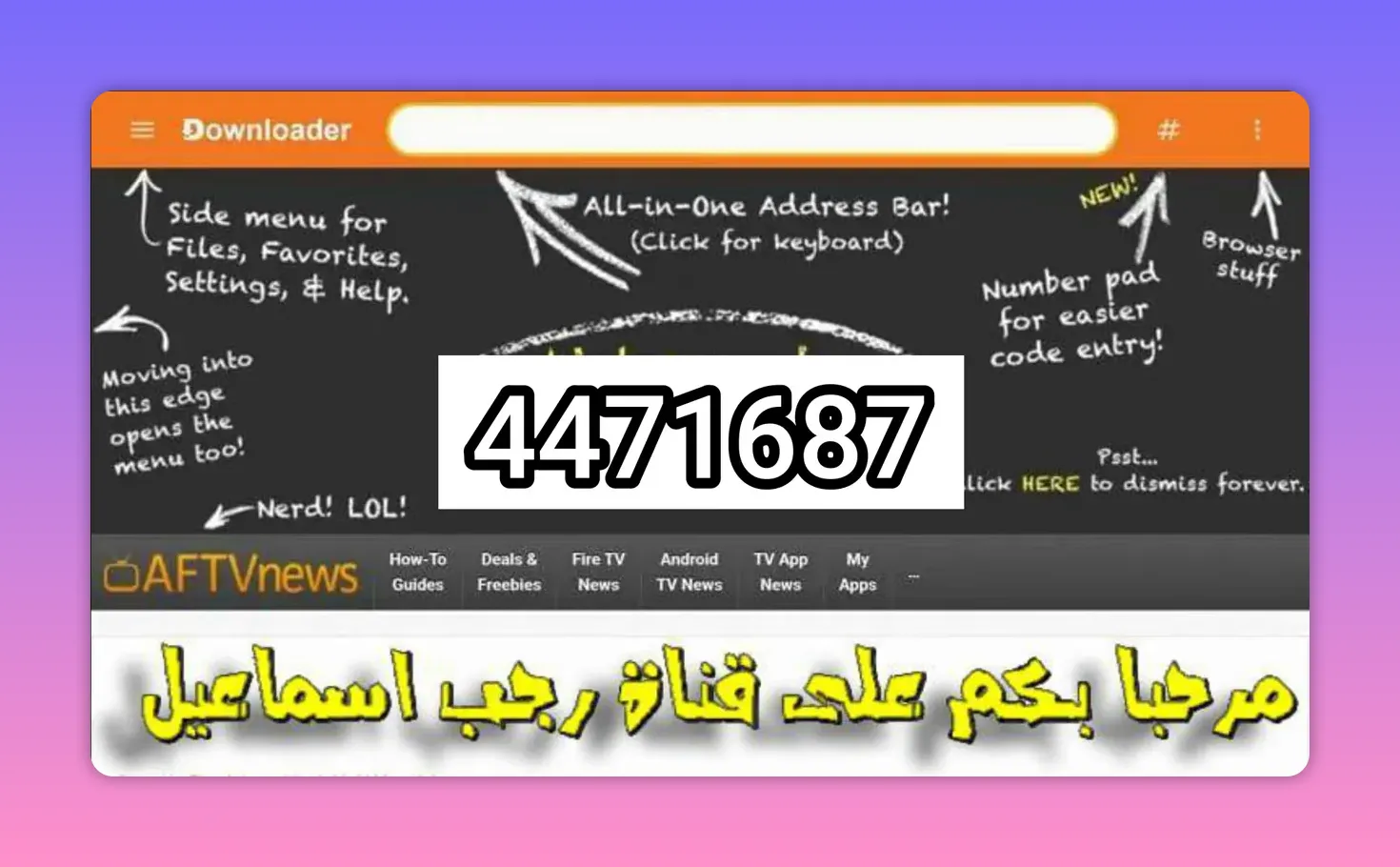Downloader screen showing the update code 4471687 in the address bar
