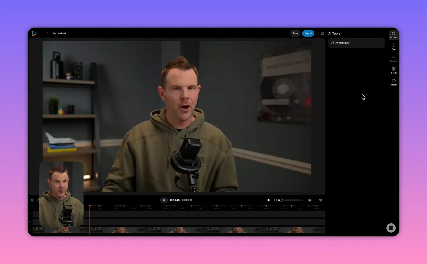 Reap editor with the AI Tools panel open on the right showing 'AI Voiceover' and the clip preview and timeline on the left