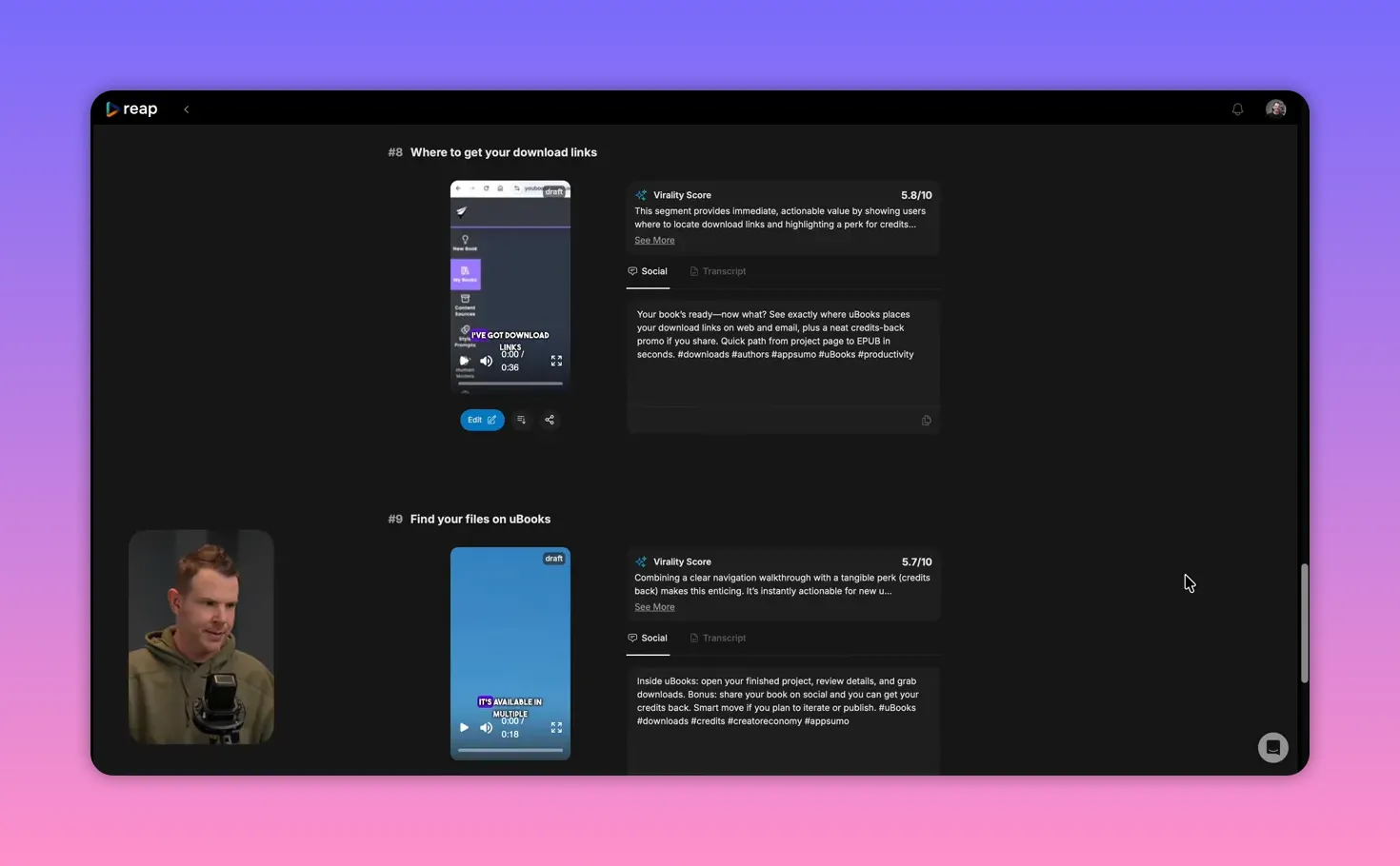Reap editor with clip player timeline on the left and transcript/social panel on the right