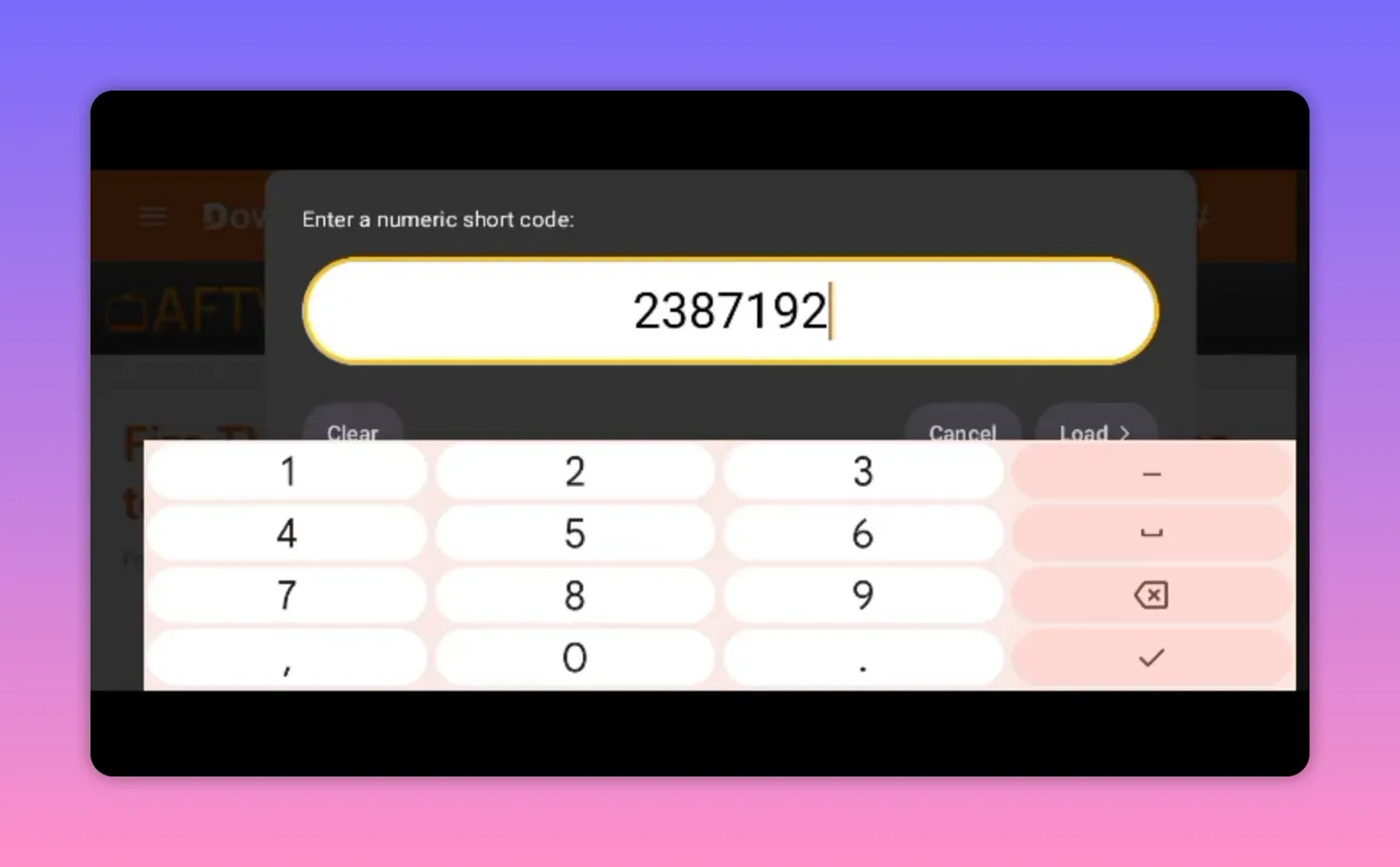 Downloader numeric short code field filled with 2387192