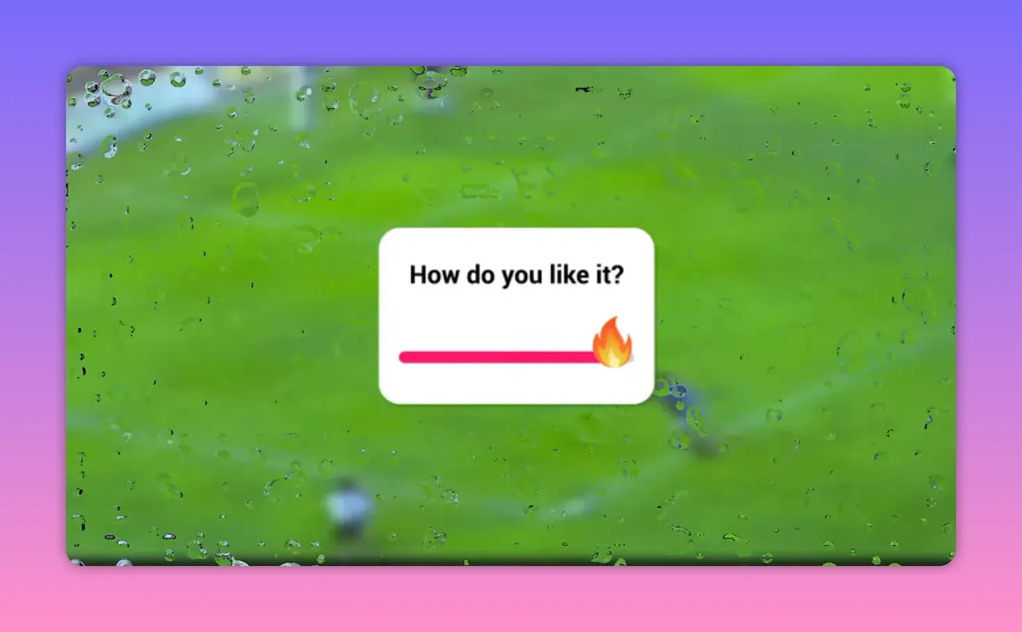 UI prompt card reading 'How do you like it?' on green background with water droplets