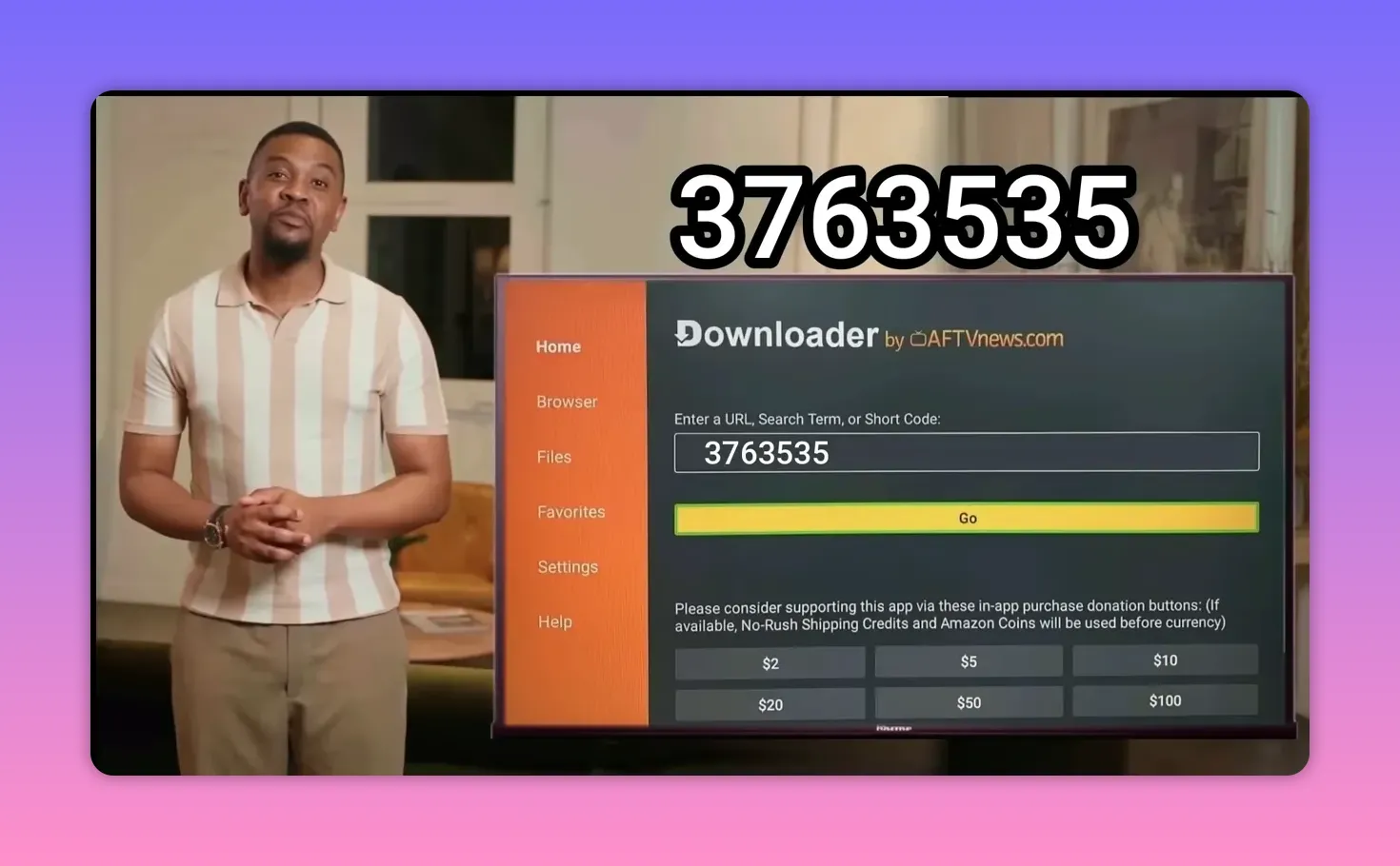 Downloader screen with Dashboard code 37663535 entered and Go button highlighted