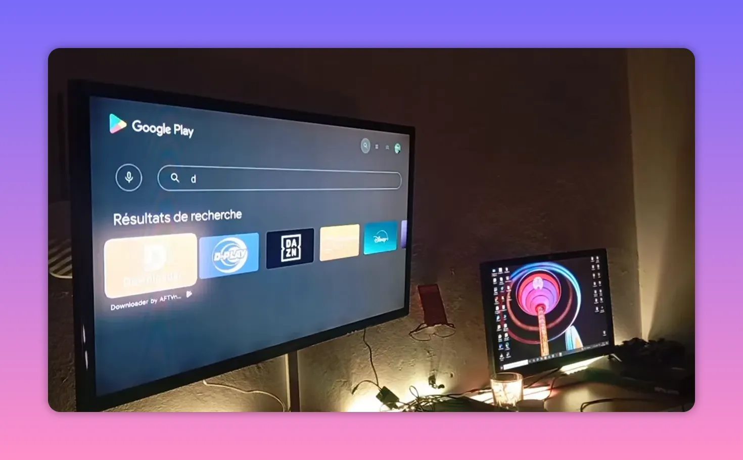 Google Play search results showing Downloader by AFTVnews