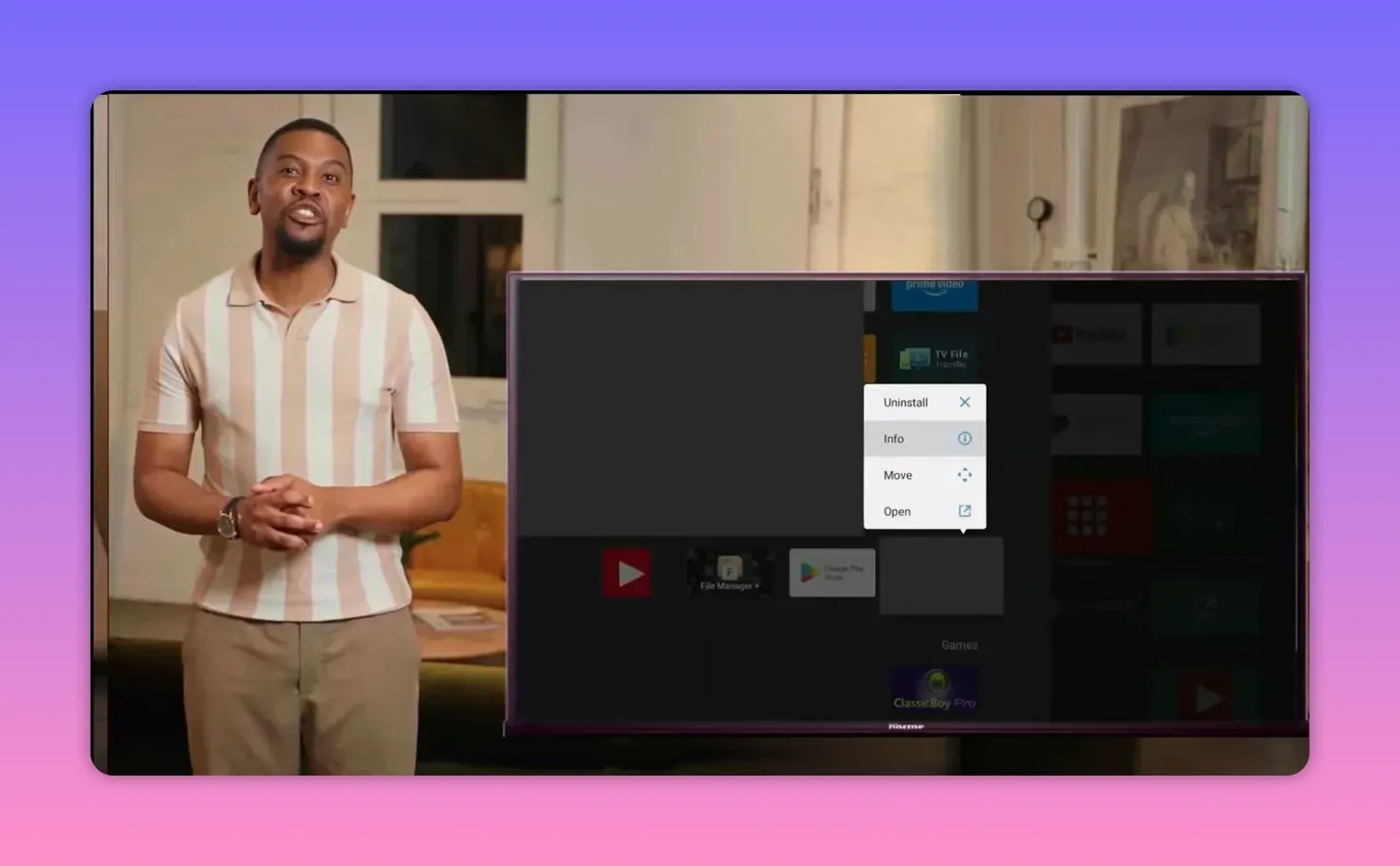 Android TV Dashboard uninstall dialog with Info, Move, and Open options